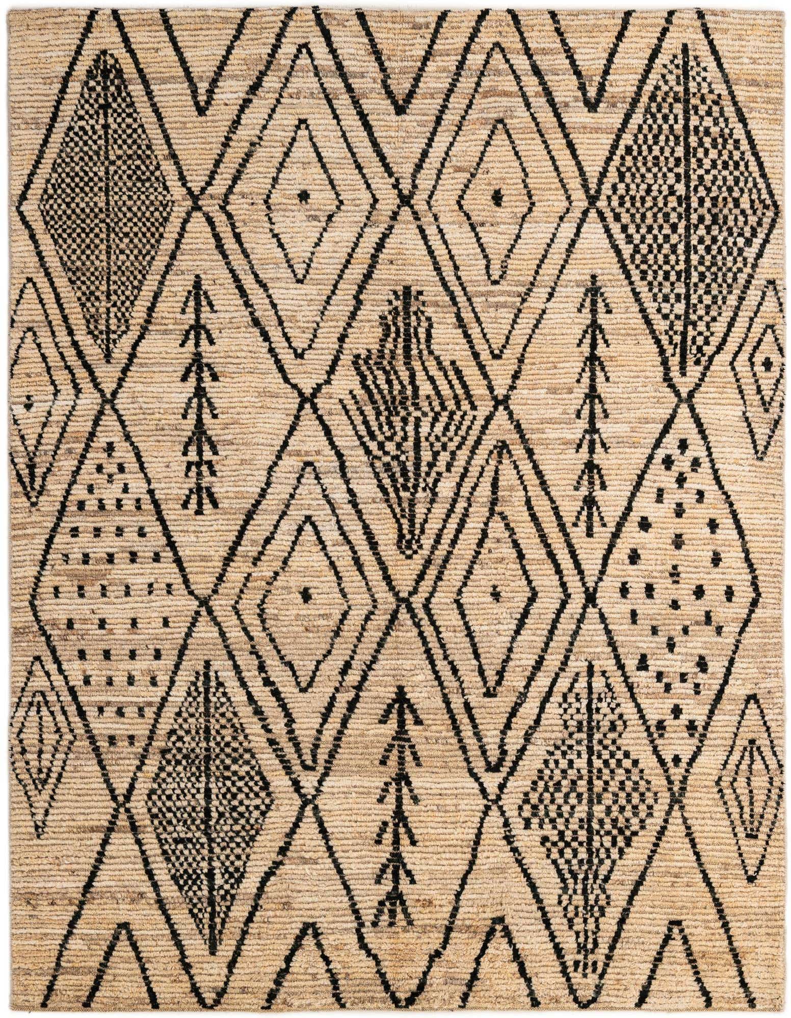 A 5x8 rectangular ivory wool rug with a black tribal diamond and arrow pattern, suitable for a living room.