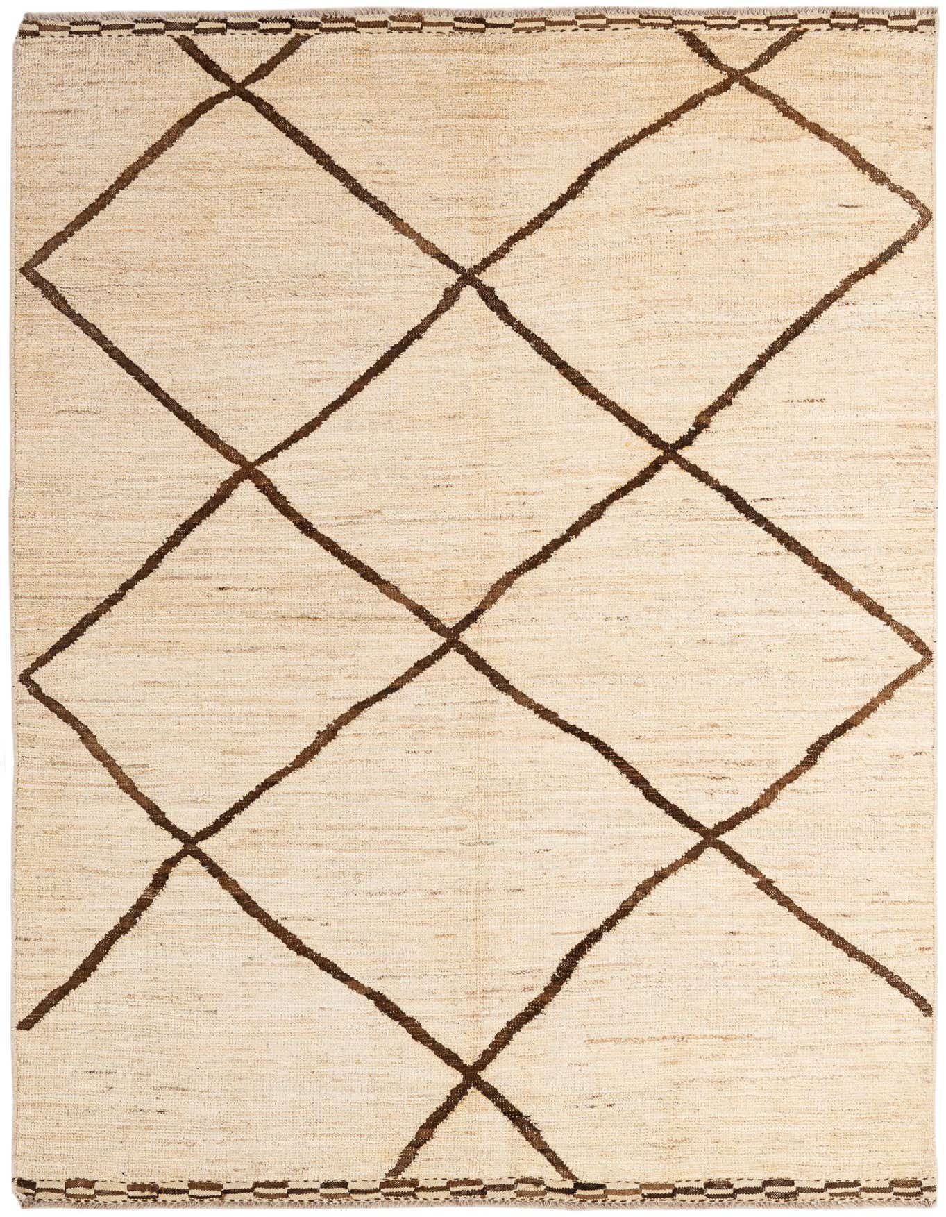 A 5x8 rectangular ivory wool rug featuring a tribal diamond pattern in dark brown, suitable for a living room.