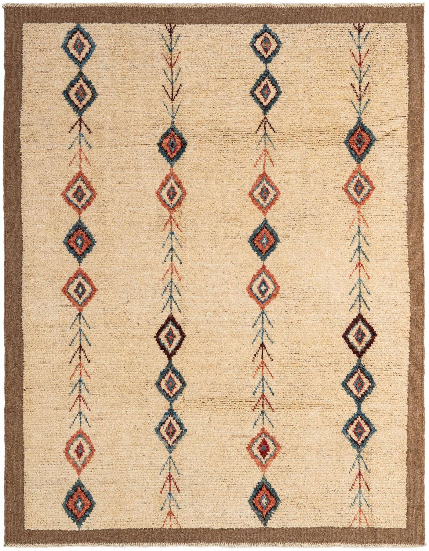 A 5x8 rectangular ivory wool rug with a brown border and vertical rows of blue and terracotta tribal diamond patterns.