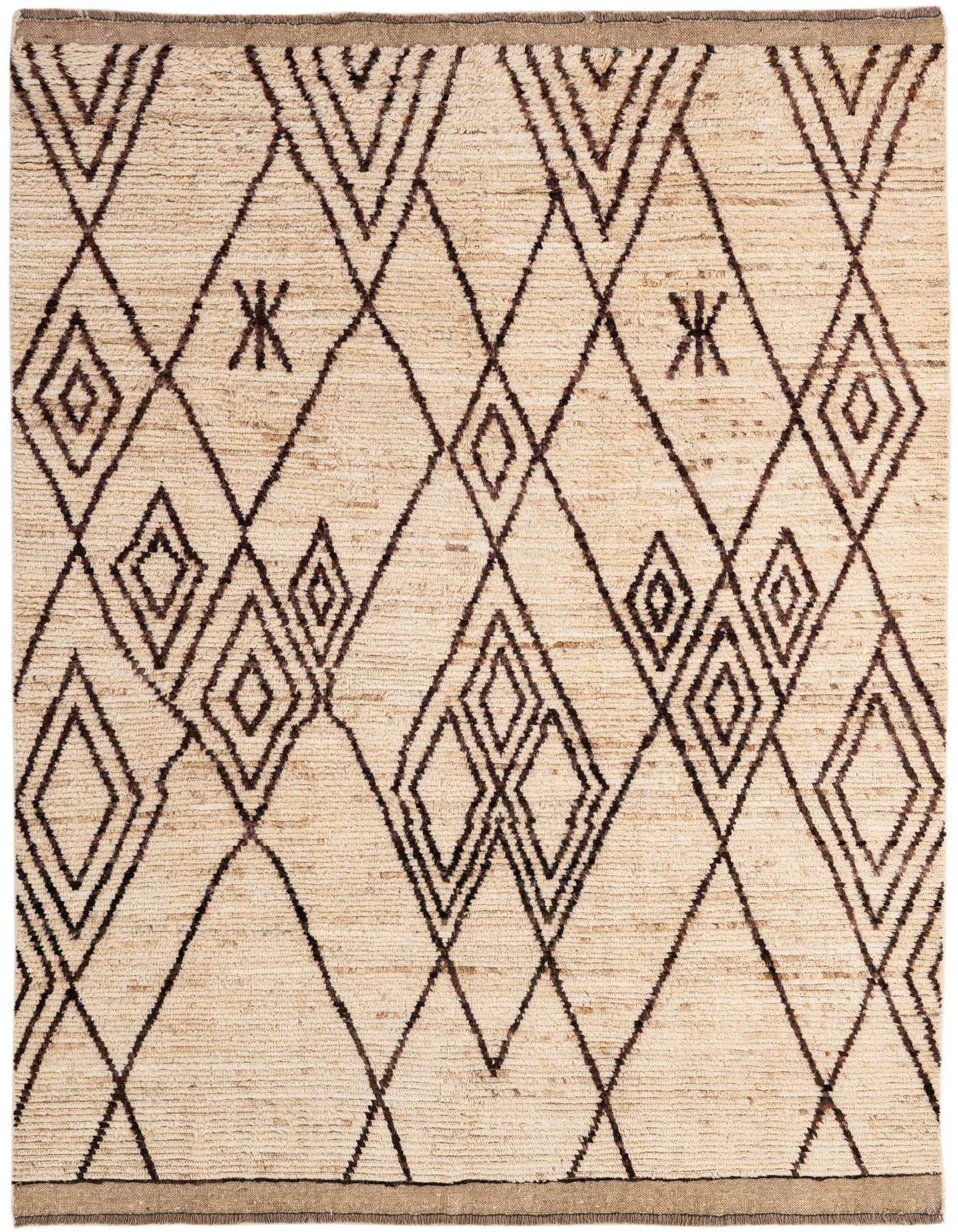 A 5x8 rectangular ivory wool rug with a tribal geometric pattern of dark brown diamonds and 'X' shapes.
