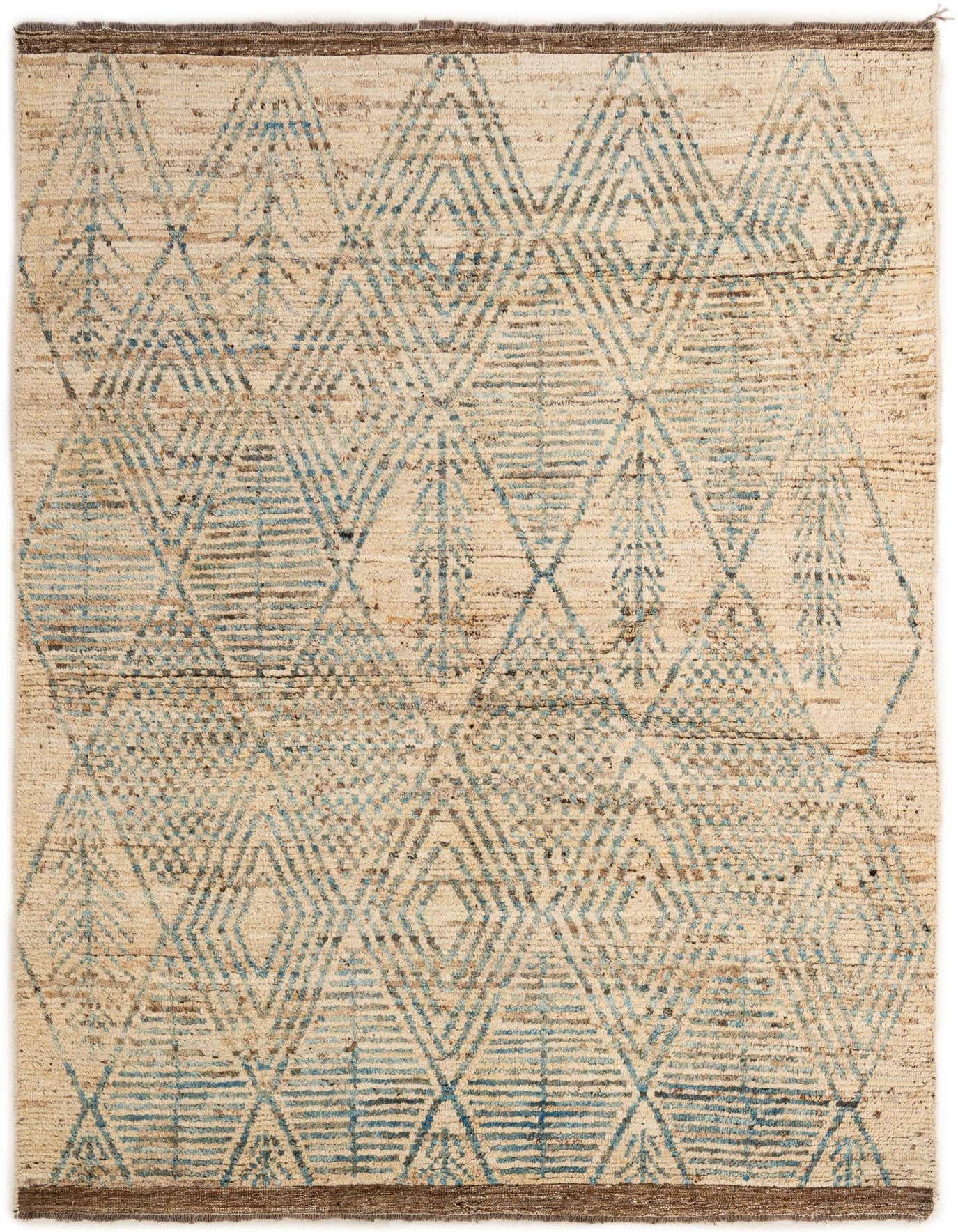 A 6x9 rectangular ivory wool rug with a tribal modern diamond pattern in muted blue and brown tones, perfect for a living room.