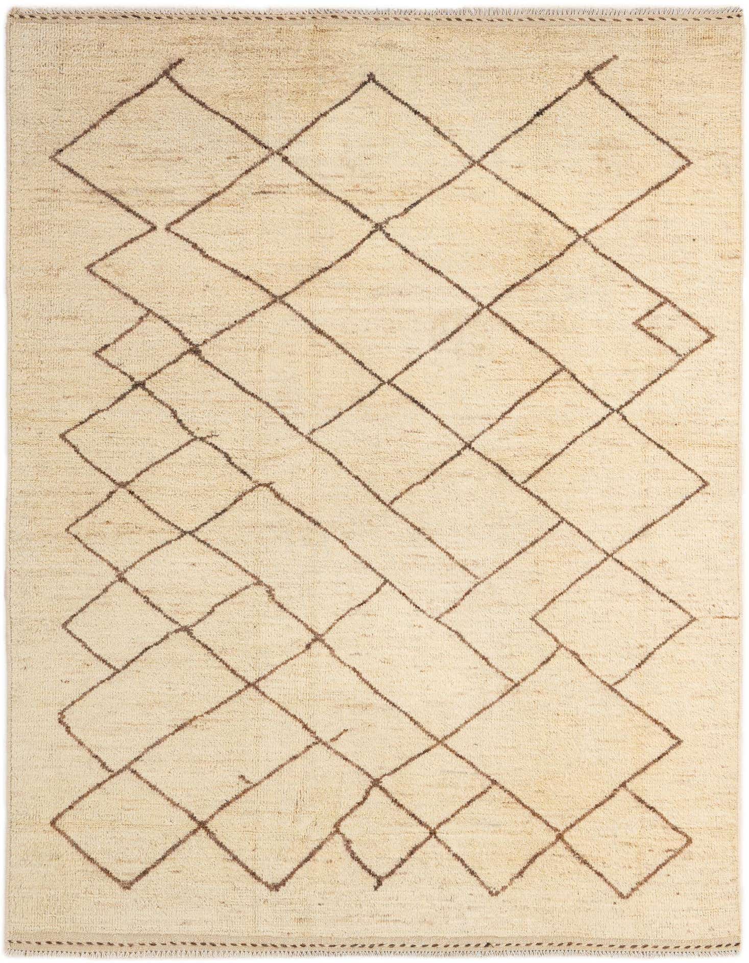 A 5x8 rectangular ivory wool rug with a modern tribal diamond pattern in dark brown, suitable for a living room.
