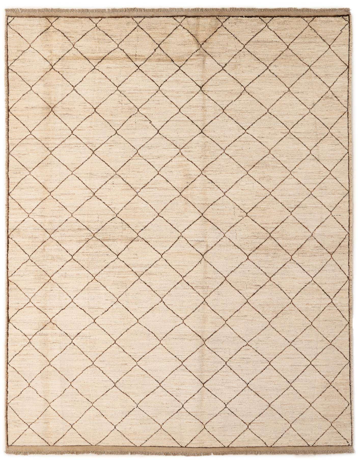 A 5x8 rectangular ivory wool rug with a subtle brown diamond tribal pattern, suitable for a living room.