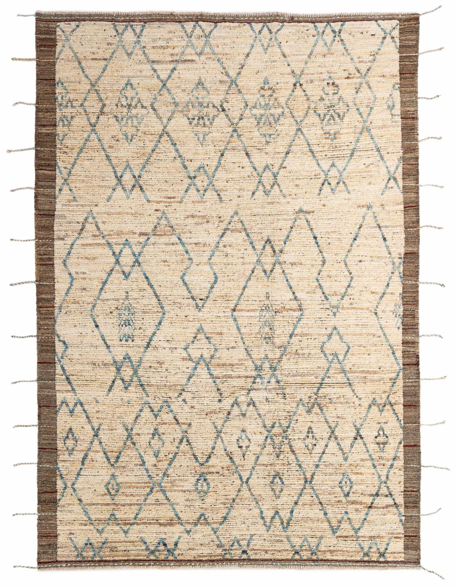A 6x9 rectangular Moroccan tribal rug featuring a cream background with blue diamond patterns and brown striped borders.