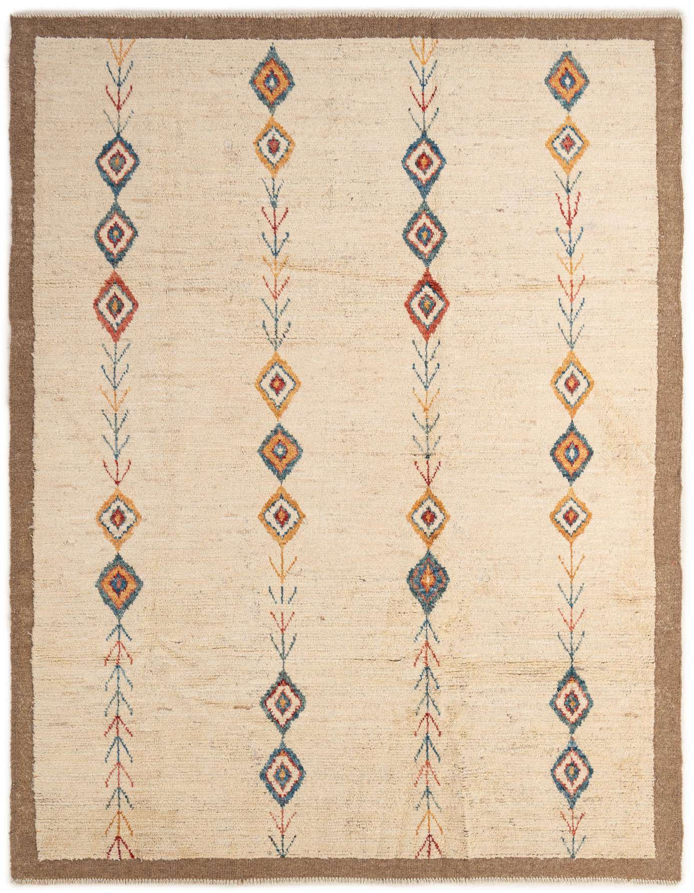 A 7x10 rectangular ivory wool rug with a brown border and vertical rows of colorful tribal diamond and arrow patterns.