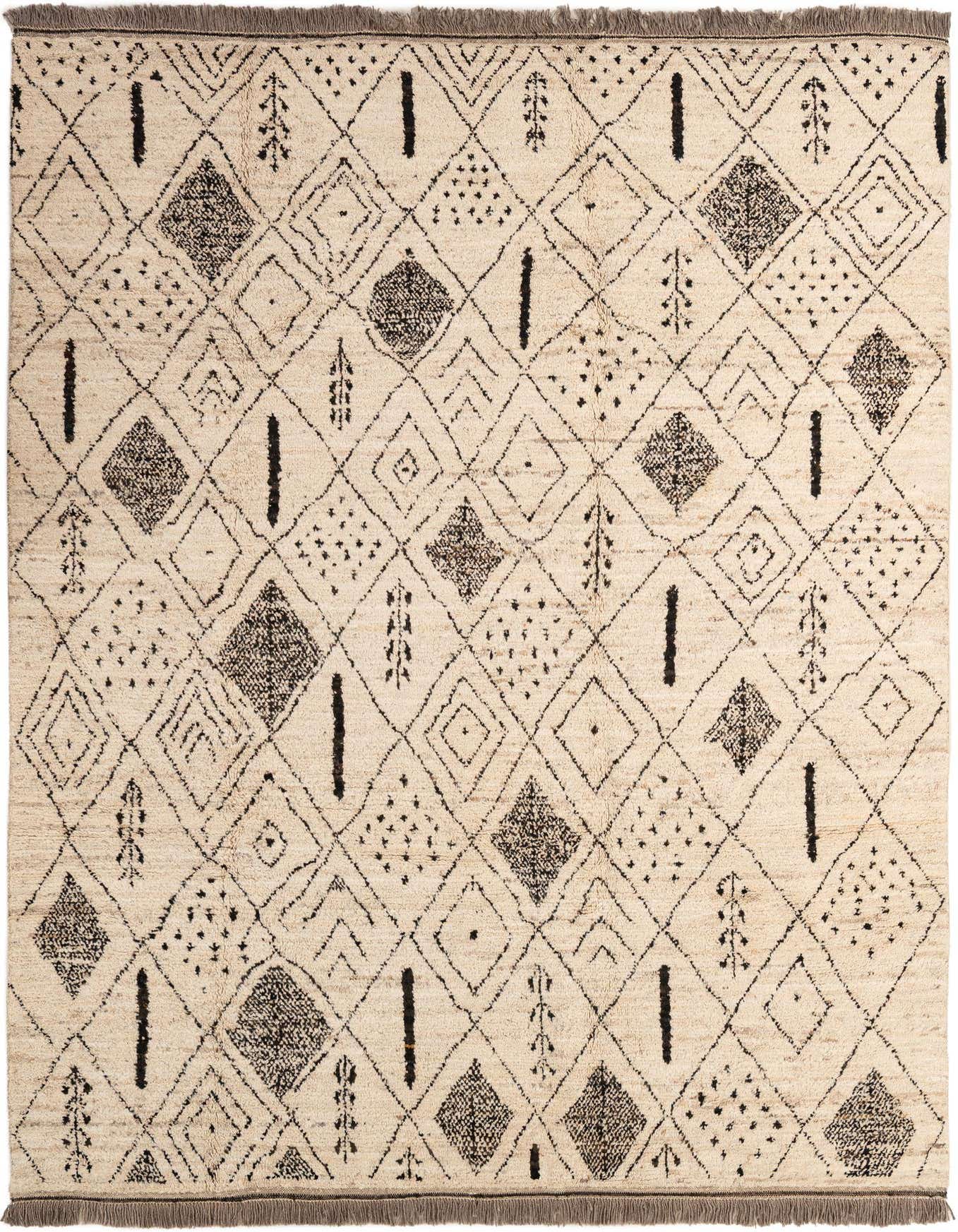 A 6x9 rectangular ivory wool rug with a tribal Moroccan pattern of black diamonds, lines, and dots, perfect for a modern living room.