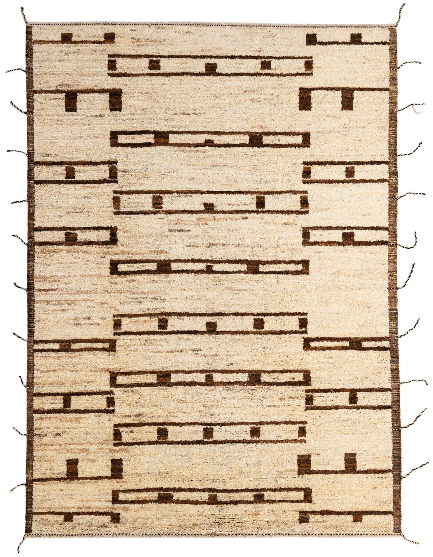 A 7x10 rectangular ivory wool rug with a modern tribal pattern of dark brown horizontal lines and small squares.