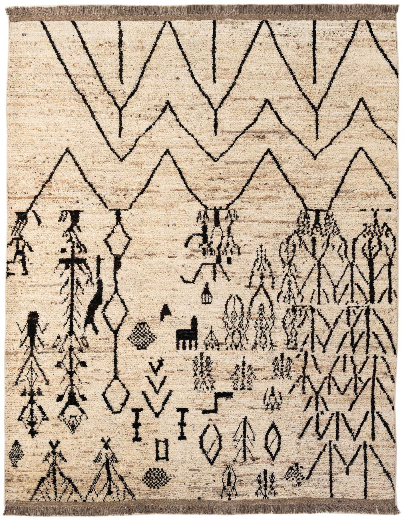 A 7x10 rectangular ivory wool rug with a black tribal pattern featuring zigzags, abstract figures, and geometric shapes.