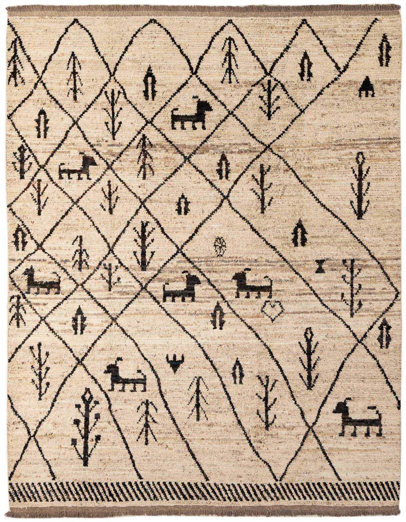 A 7x10 rectangular ivory wool rug with a black tribal pattern of diamonds, trees, and animal figures.