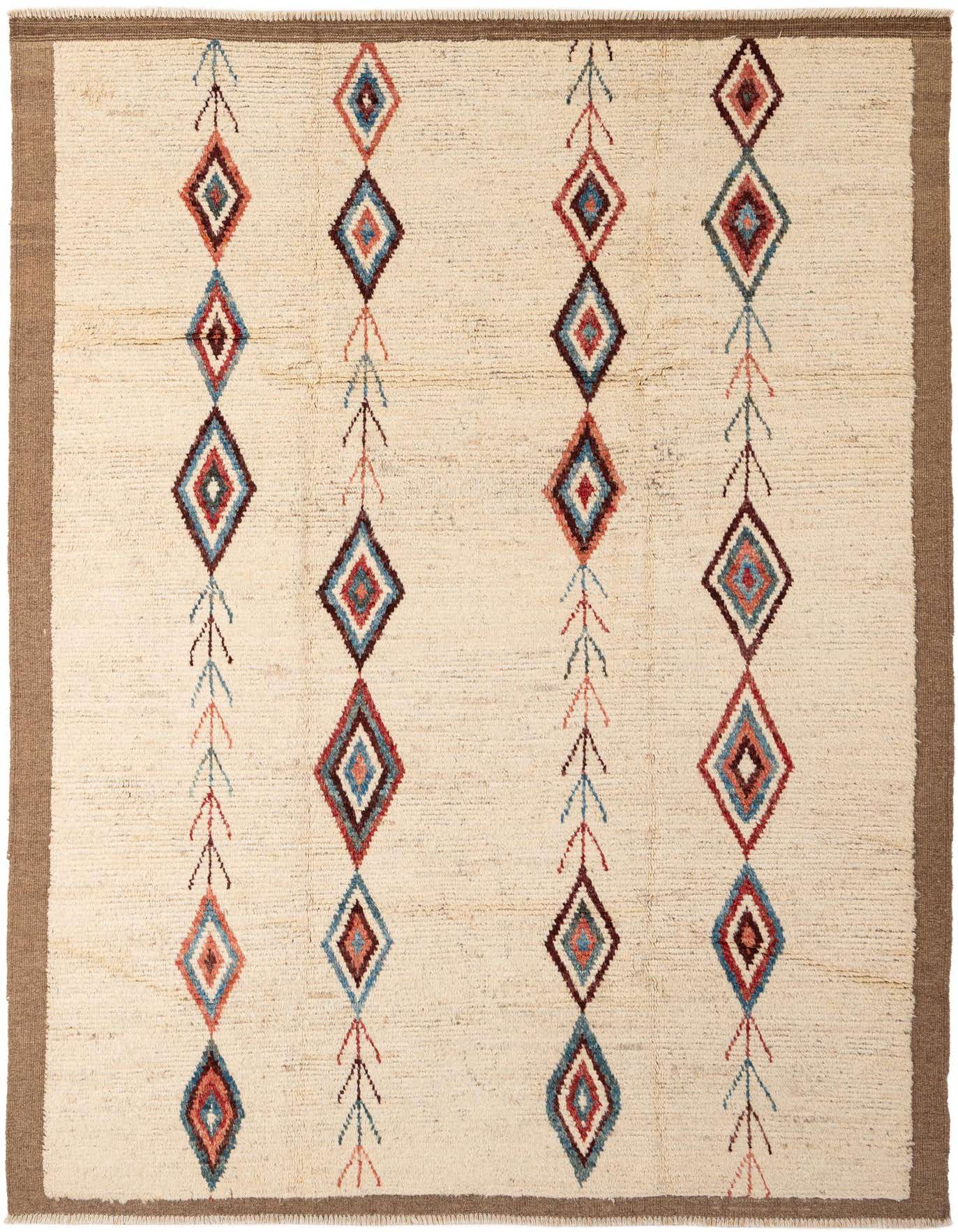A 6x9 rectangular ivory wool rug with a brown border and vertical rows of colorful tribal diamond patterns.