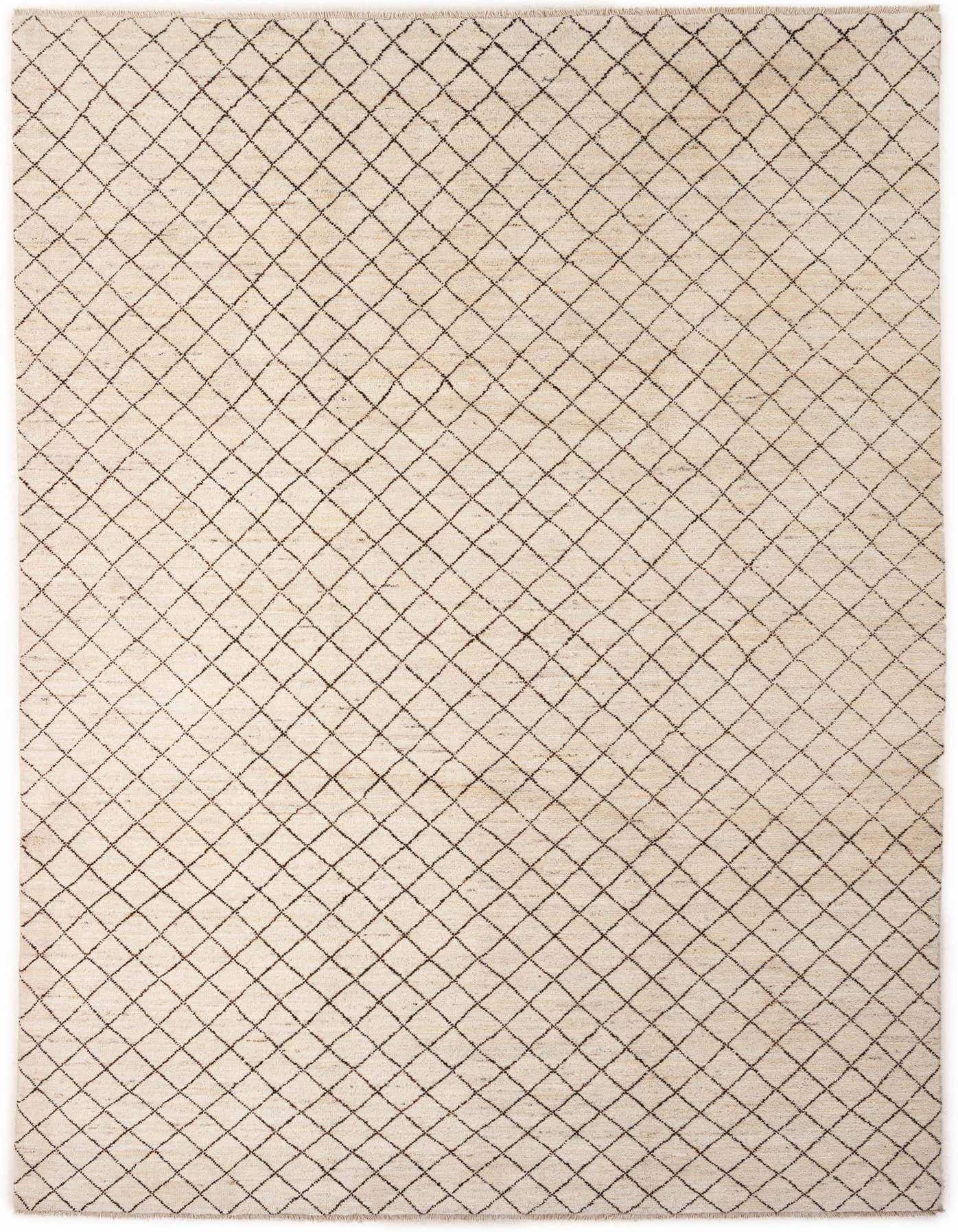An 8x11 rectangular ivory wool rug with a subtle dark brown tribal diamond pattern, ideal for a living room.