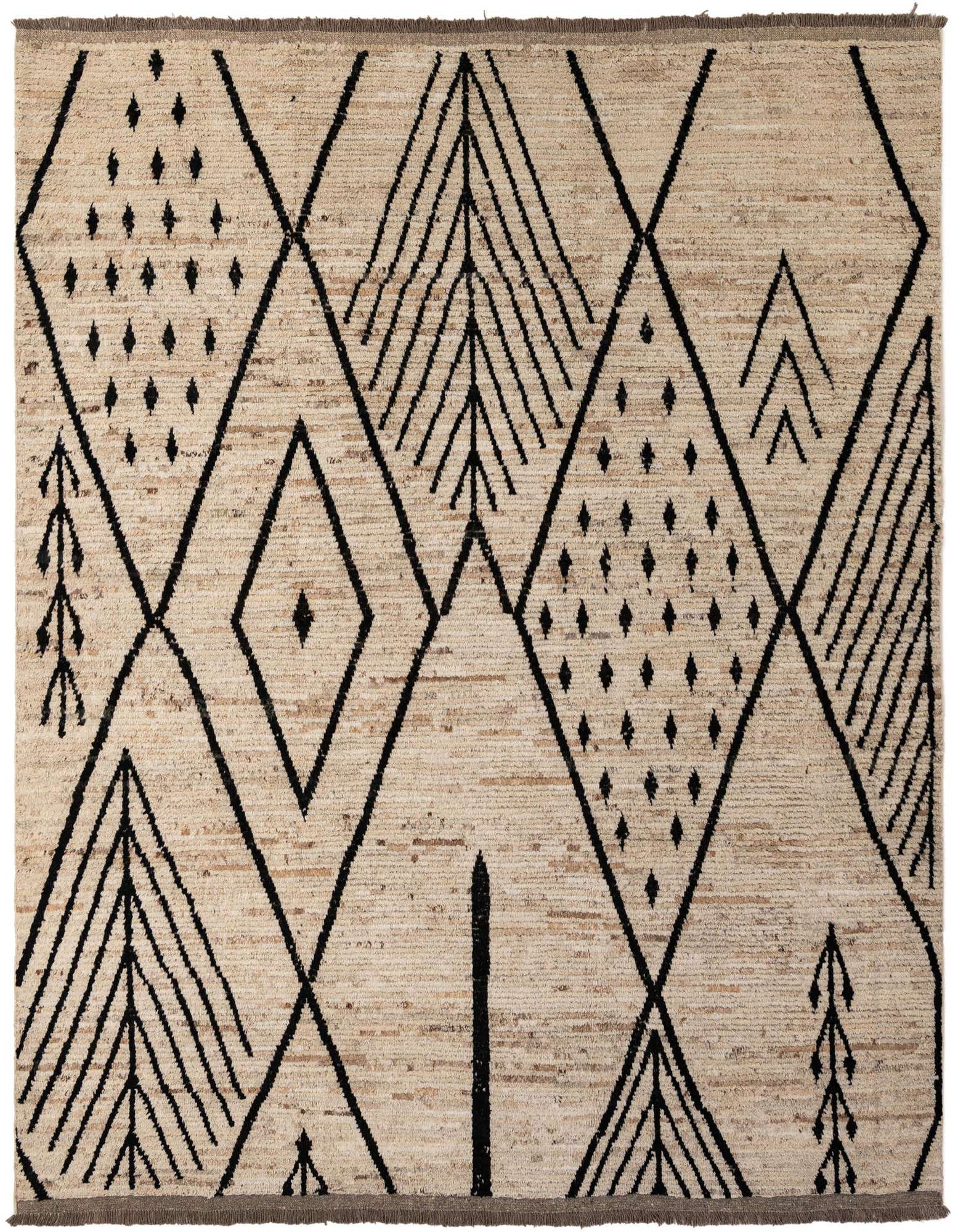 An 8x10 rectangular ivory wool rug with a modern tribal pattern of black diamonds and abstract tree-like motifs.