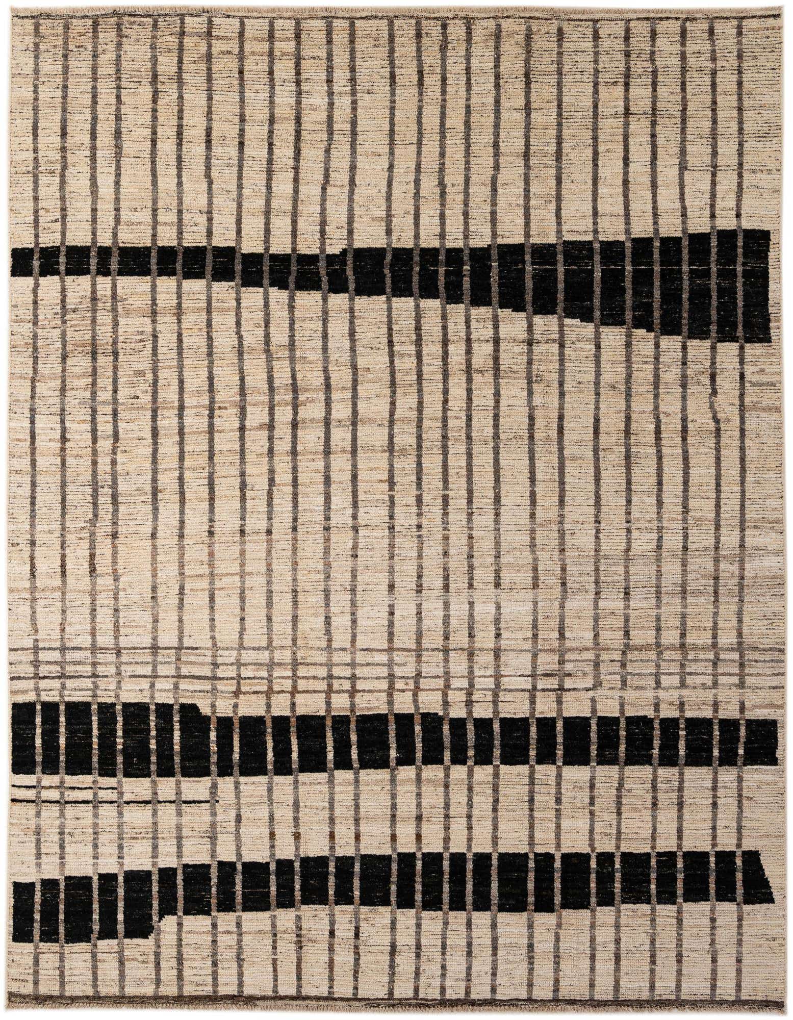 An 8x10 rectangular ivory wool rug with a modern tribal pattern of black horizontal and vertical stripes.