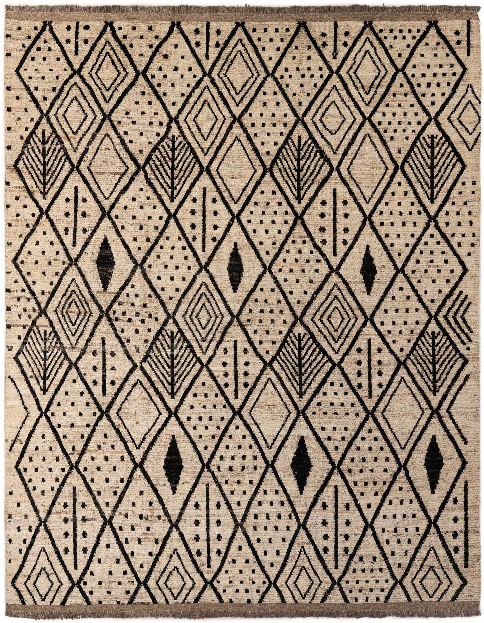 An 8x10 rectangular ivory wool rug with a black tribal diamond and geometric pattern, ideal for a living room.