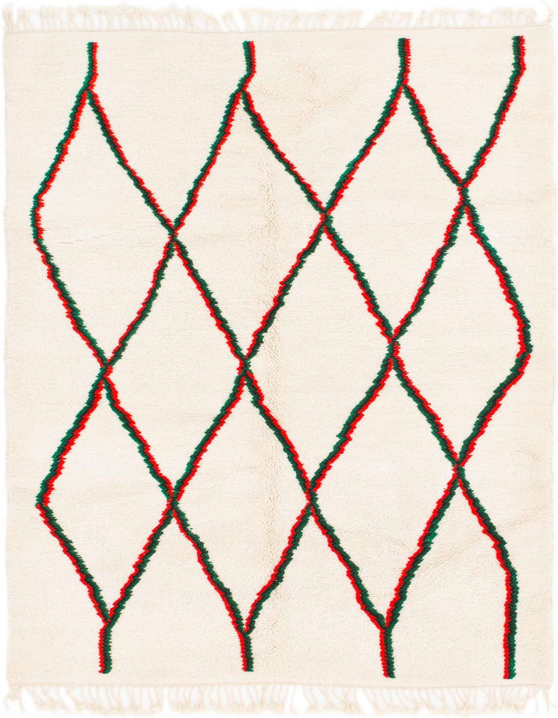 A 5x8 rectangular ivory shag rug with a red and green tribal diamond pattern, featuring fringe.