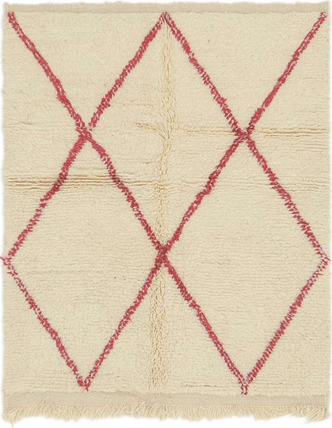 A 3x5 rectangular ivory shag rug with a bold, red tribal diamond pattern, perfect for an indoor space.