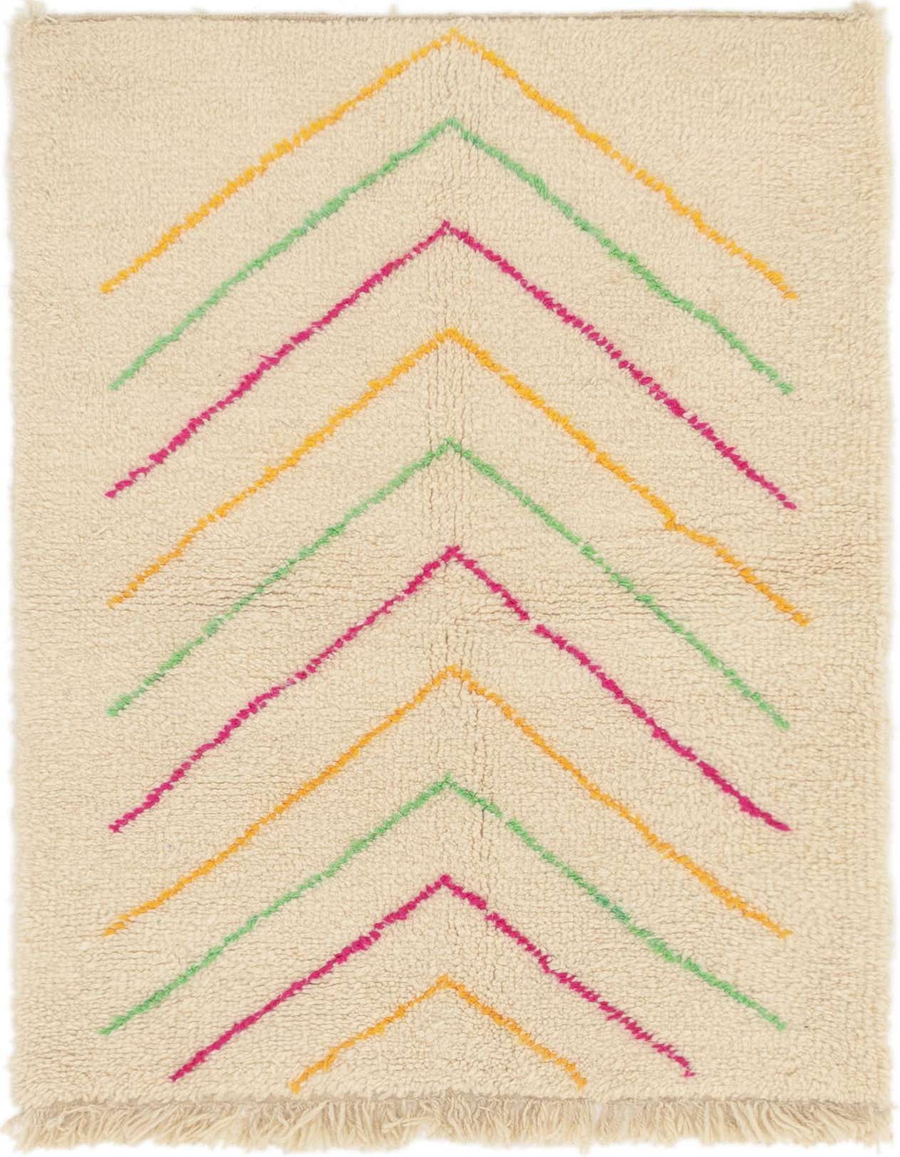 A 4x6 rectangular ivory shag rug with colorful tribal chevron stripes in pink, green, and orange.