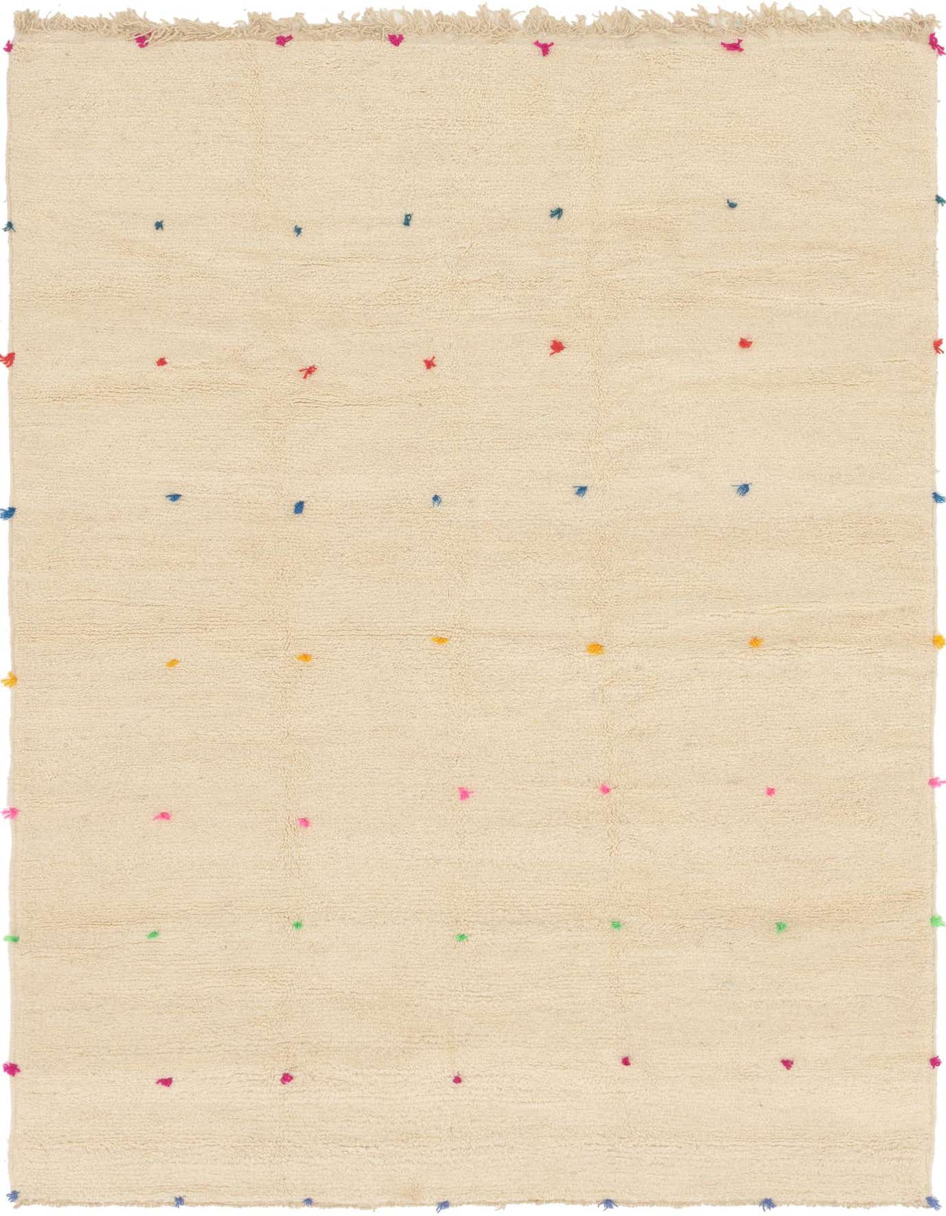 A 6x9 rectangular ivory shag rug with colorful tribal dots in red, blue, pink, yellow, and green, suitable for a living room or bedroom.