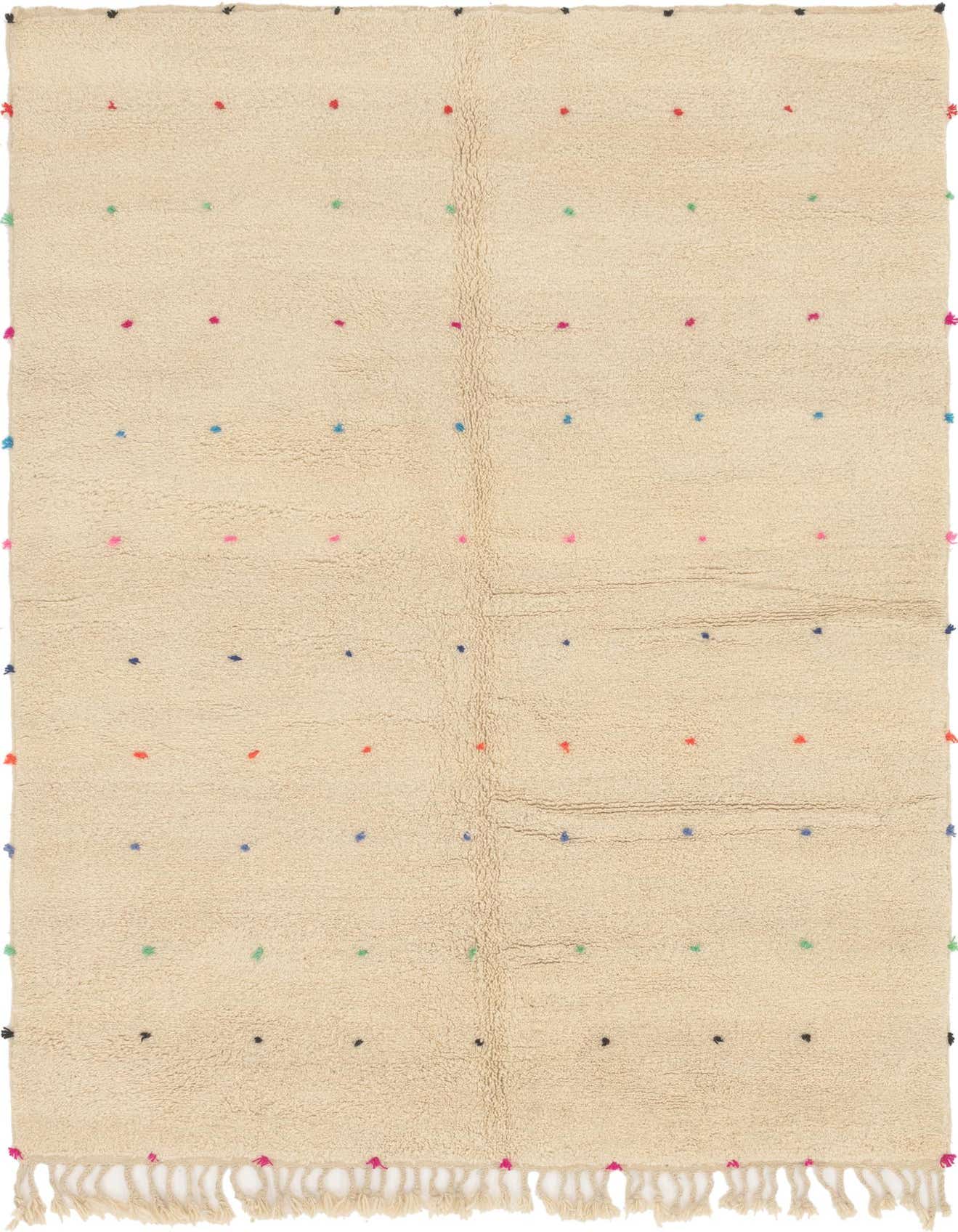 A 7x10 rectangular ivory shag rug with colorful tribal polka dots and fringe, suitable for a living room or bedroom.