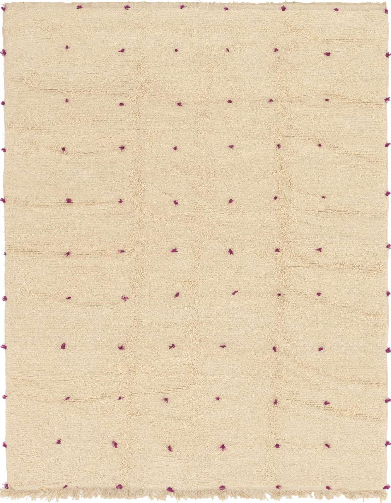 A 6x9 rectangular ivory shag rug with scattered small purple tribal dots, suitable for a living room or bedroom.