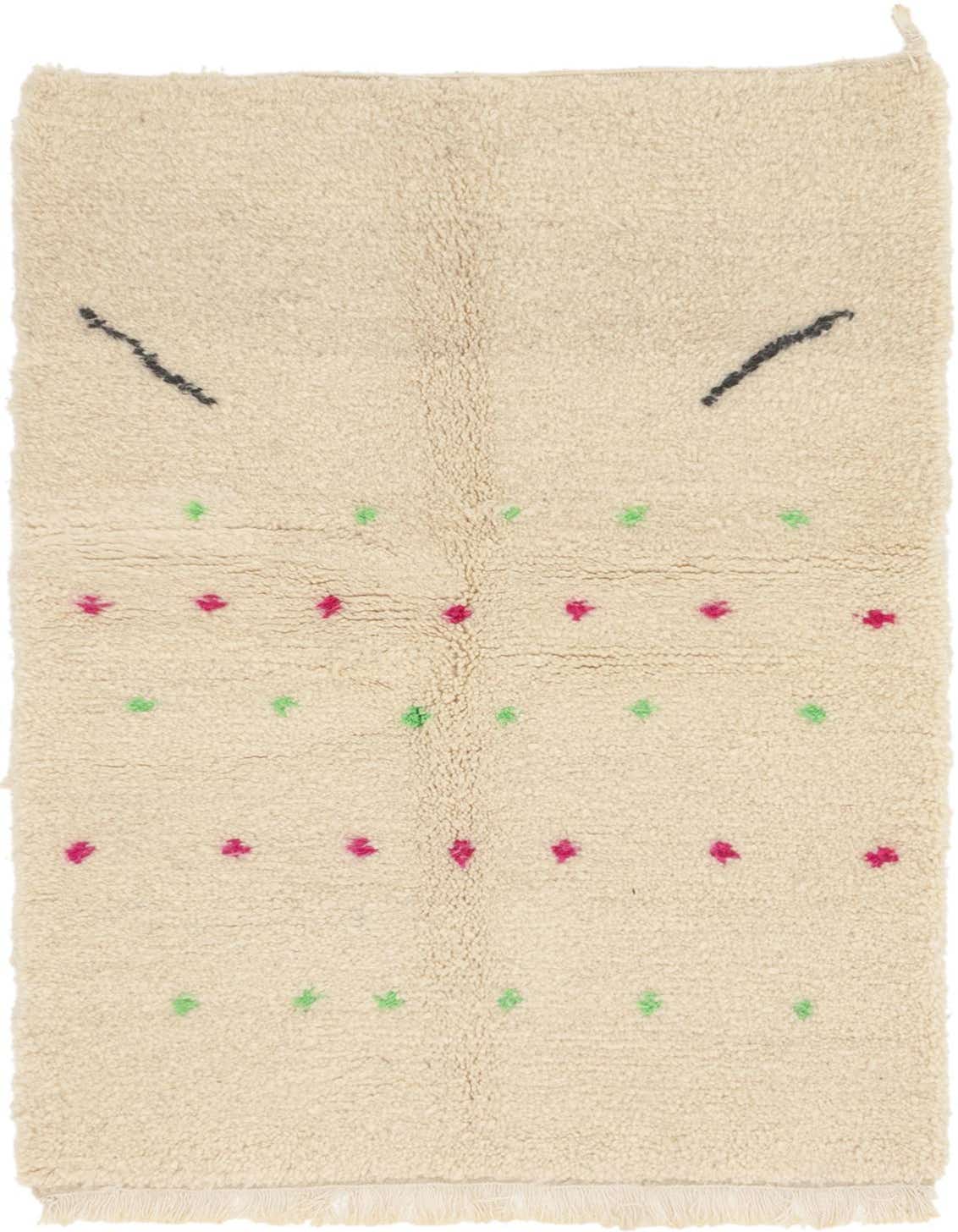 A 3x5 rectangular ivory shag rug with a playful tribal pattern of pink and green dots and black abstract lines.