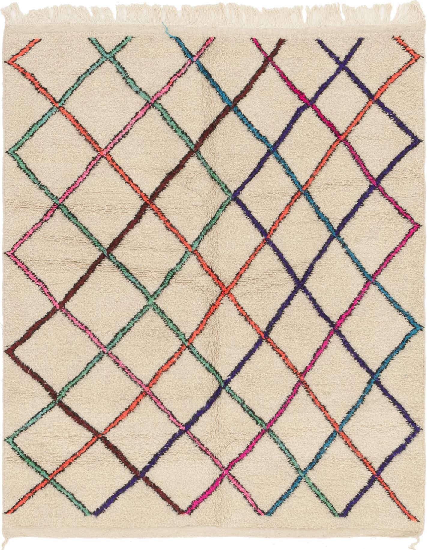 A 4x6 rectangular ivory shag rug with a colorful tribal diamond pattern, perfect for a modern living room.