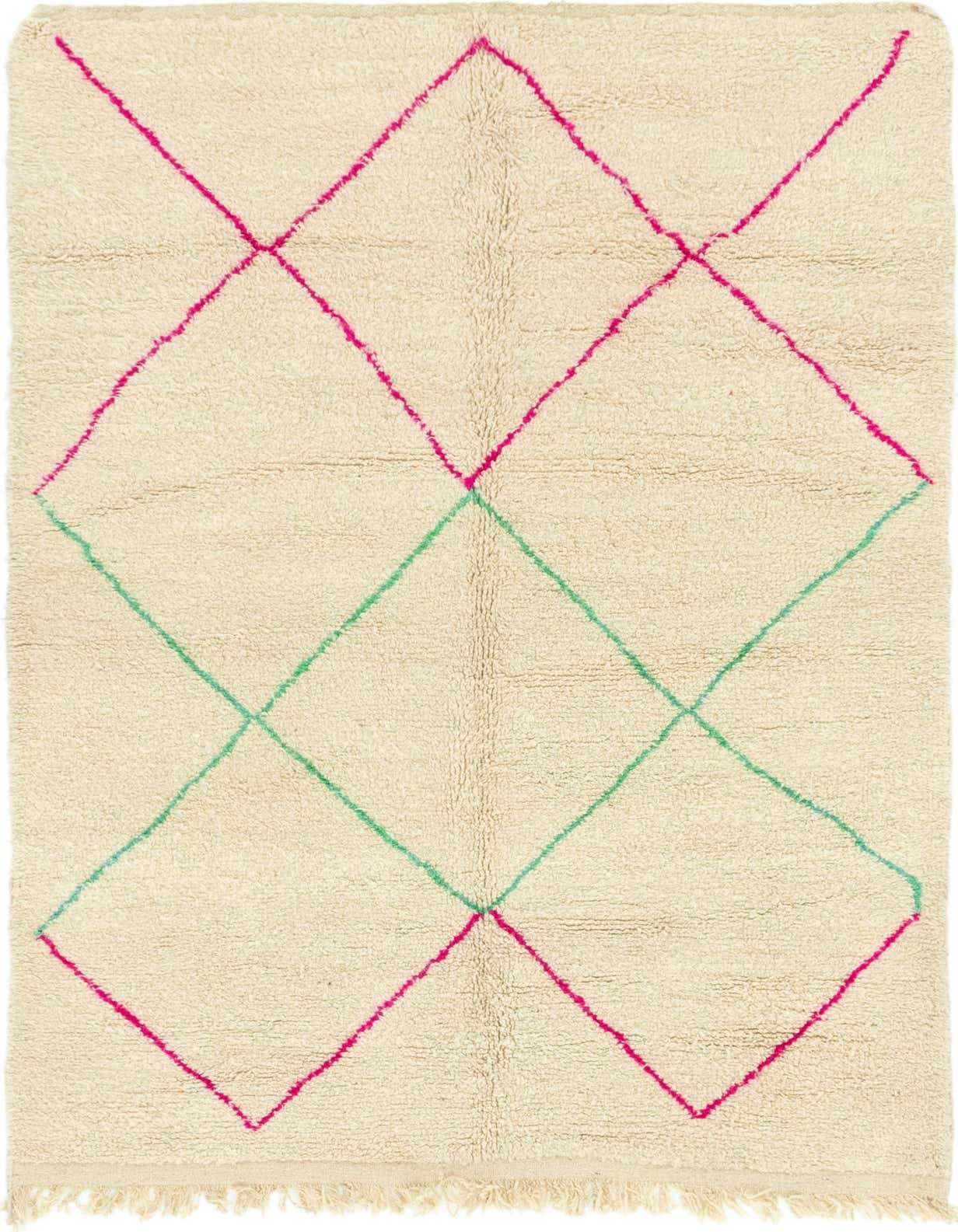 A 5x8 rectangular ivory shag rug with a modern tribal pattern of intersecting pink and green diamond lines.