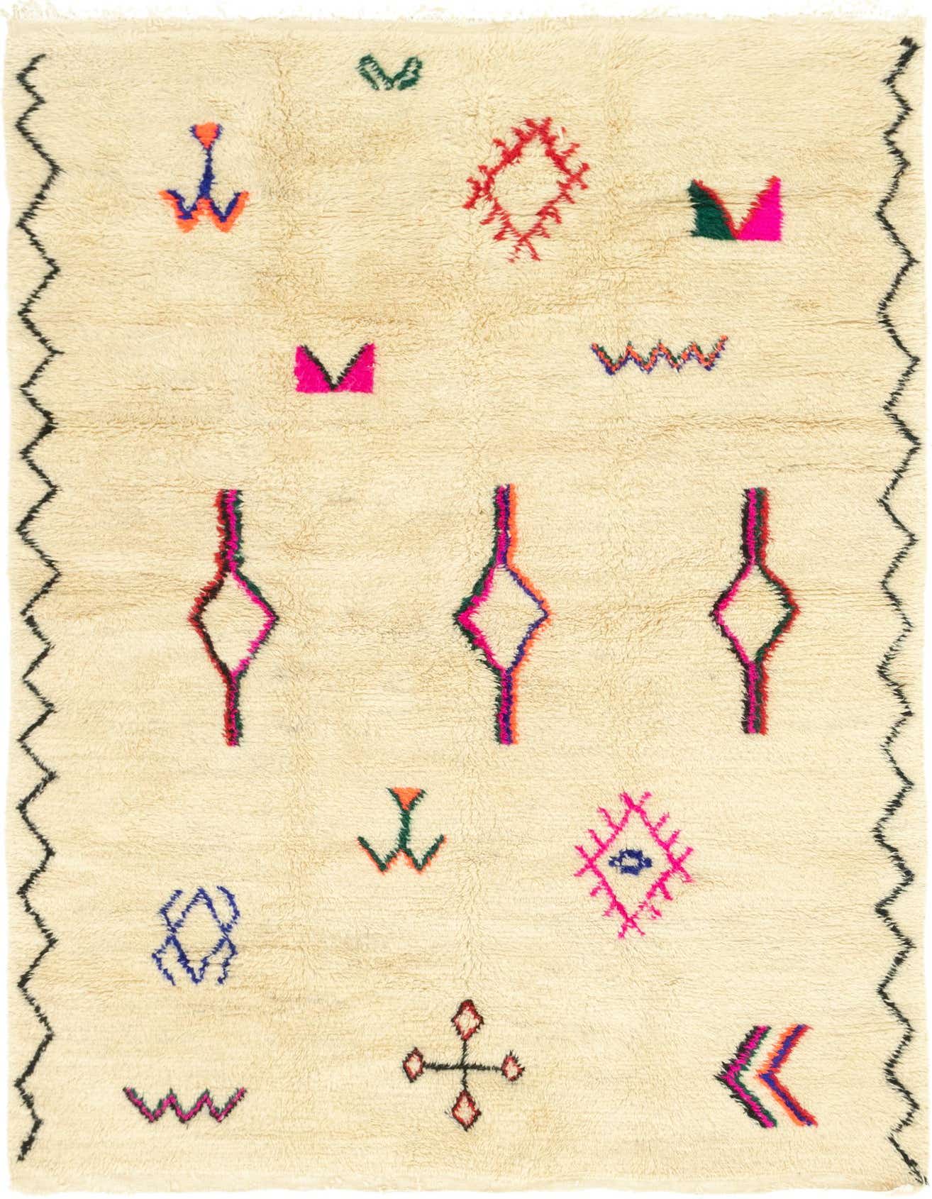 A 6x9 rectangular ivory shag rug with colorful abstract and tribal patterns in pink, orange, blue, and green, featuring a black zigzag border.