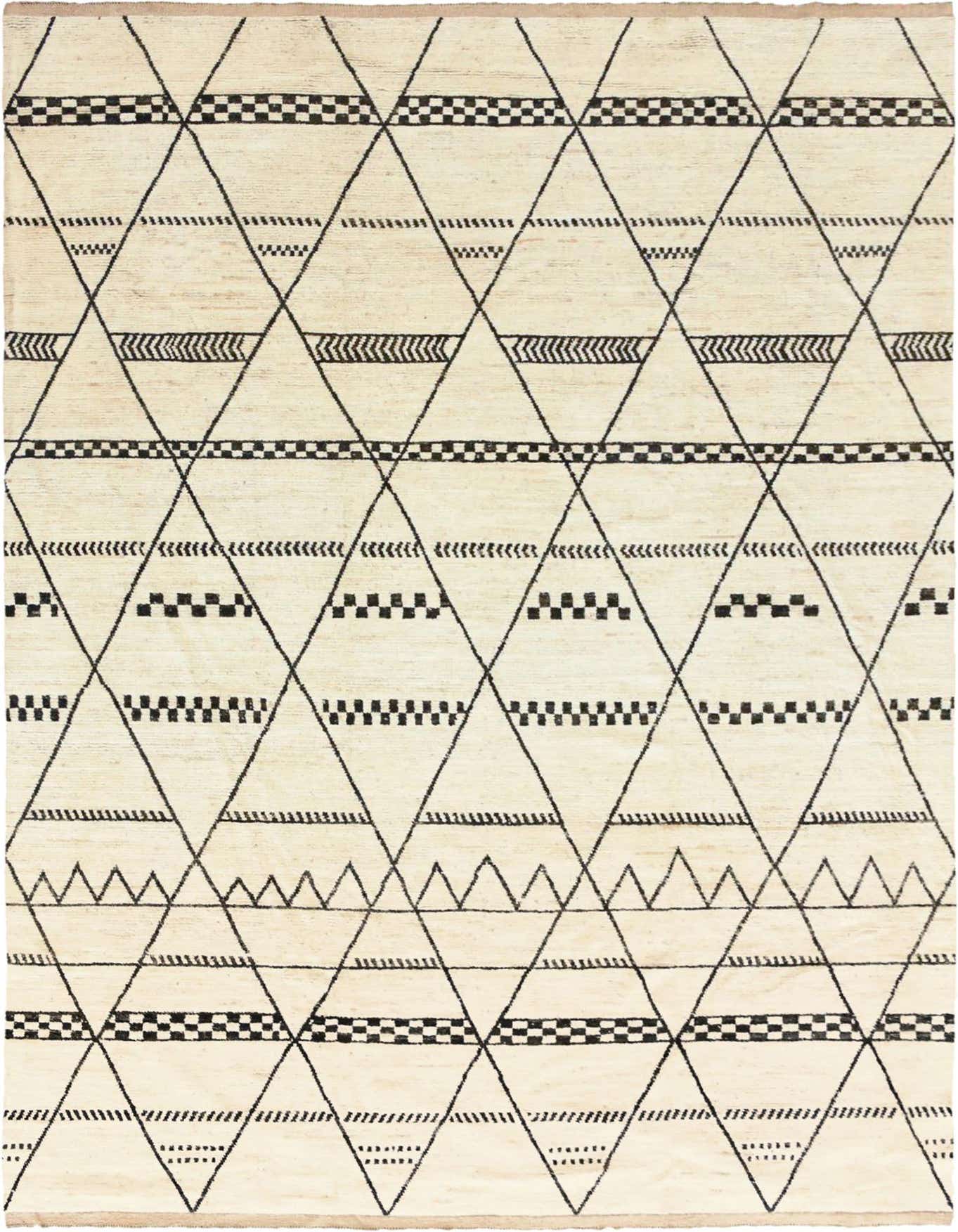 Rectangular Moroccan shag rug in ivory with a black tribal diamond and geometric pattern, ideal for a living room.