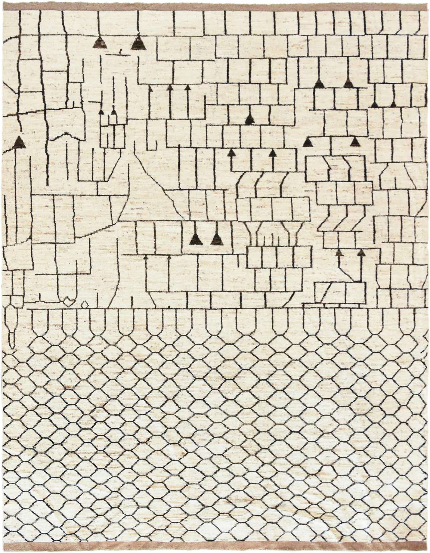 A large 13x18 rectangular ivory wool shag rug featuring a modern tribal abstract pattern in black lines and shapes.