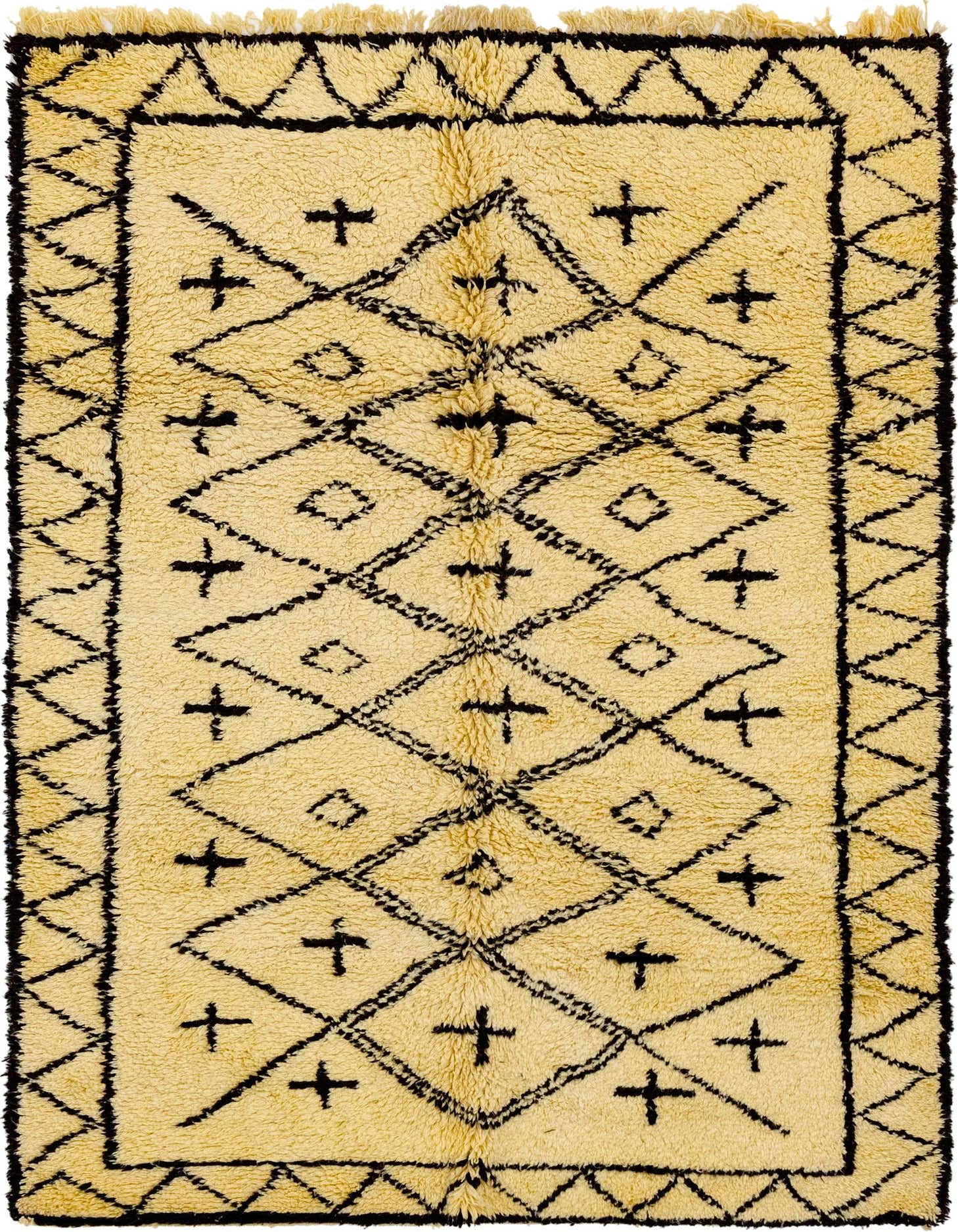 A 6x9 rectangular ivory shag rug with a black tribal diamond and cross pattern, suitable for a living room.