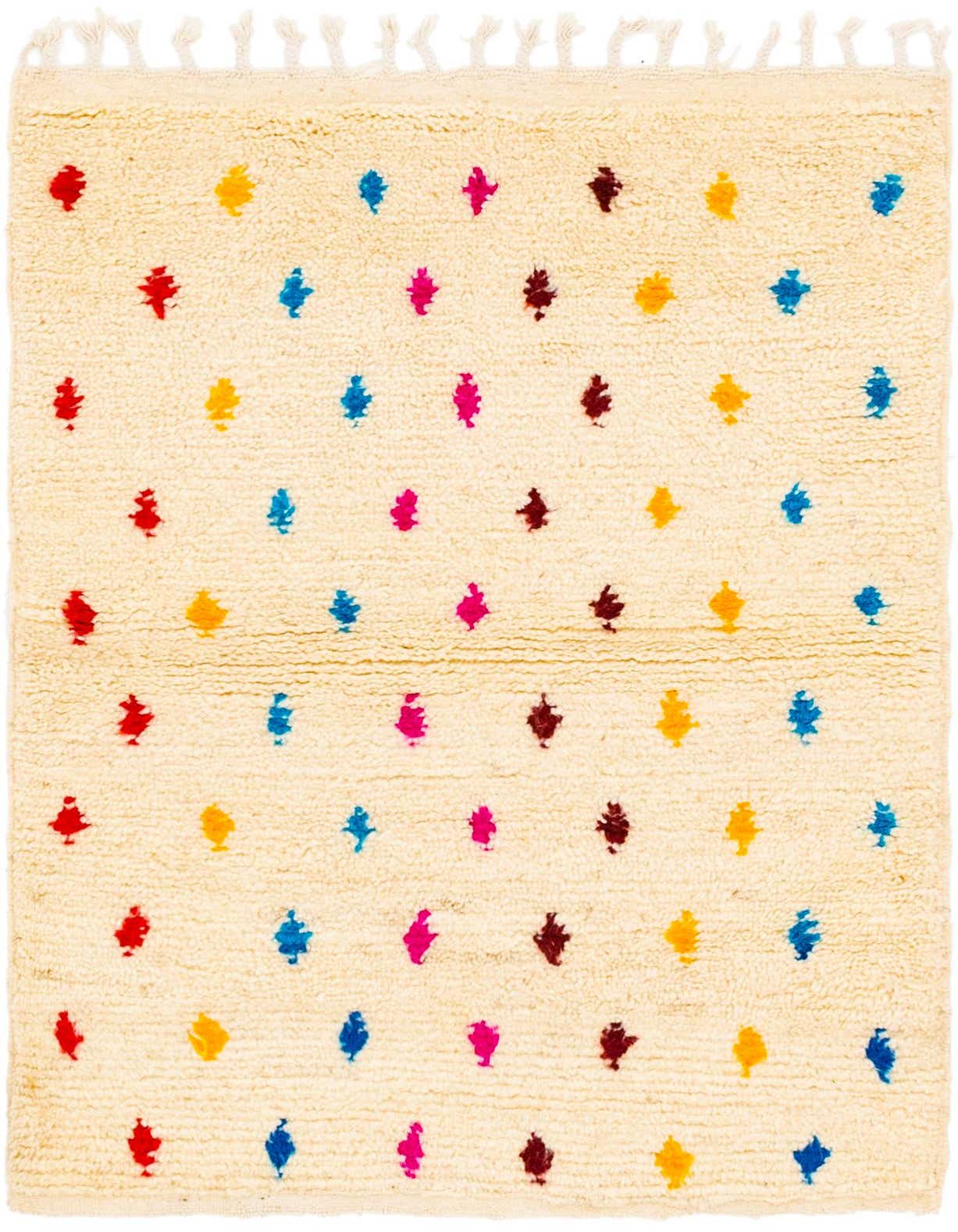 A 3x5 rectangular ivory shag rug with colorful tribal diamond patterns in red, yellow, blue, pink, and brown.