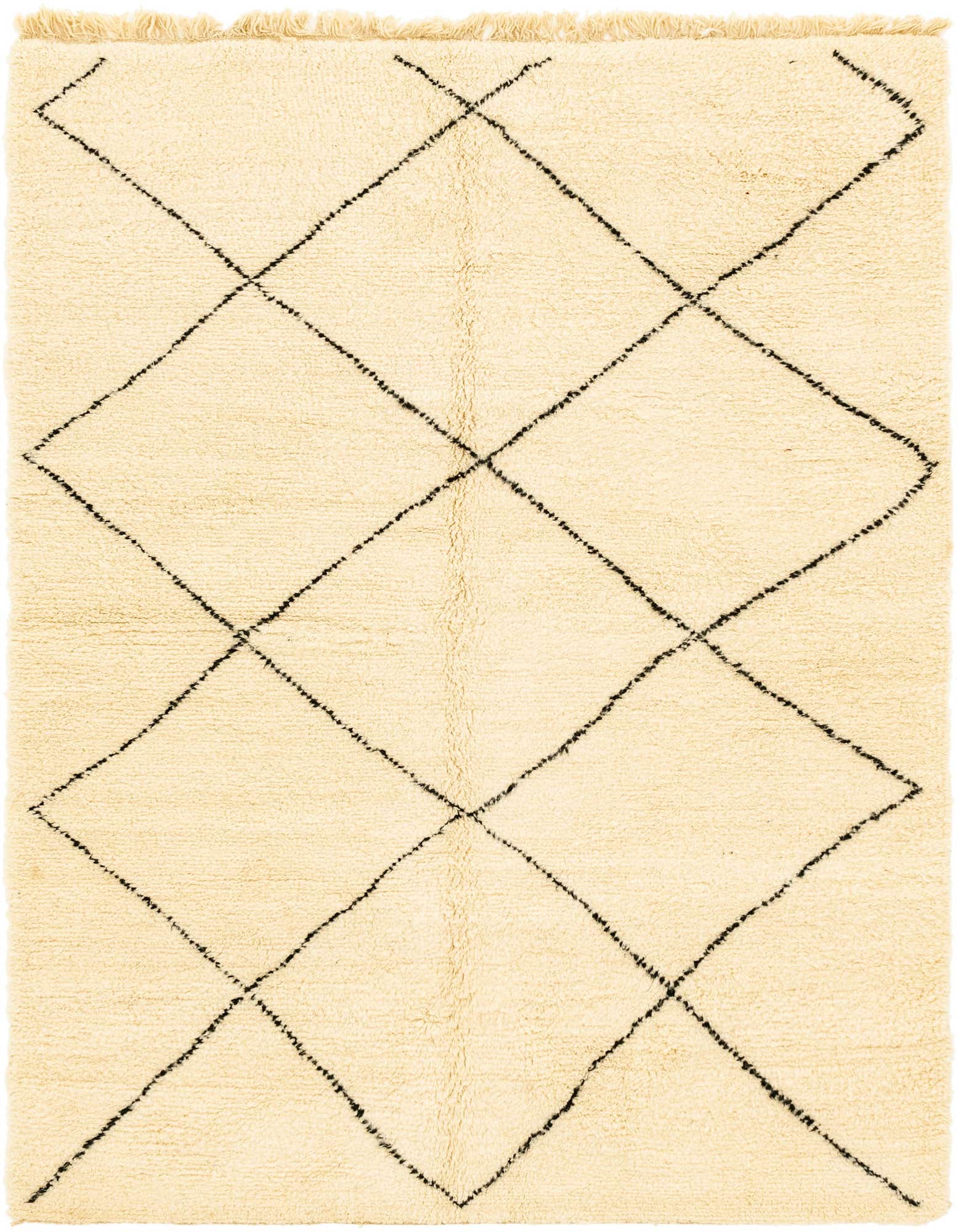 A 7x10 rectangular ivory shag rug with a black tribal diamond pattern, ideal for a living room or bedroom.
