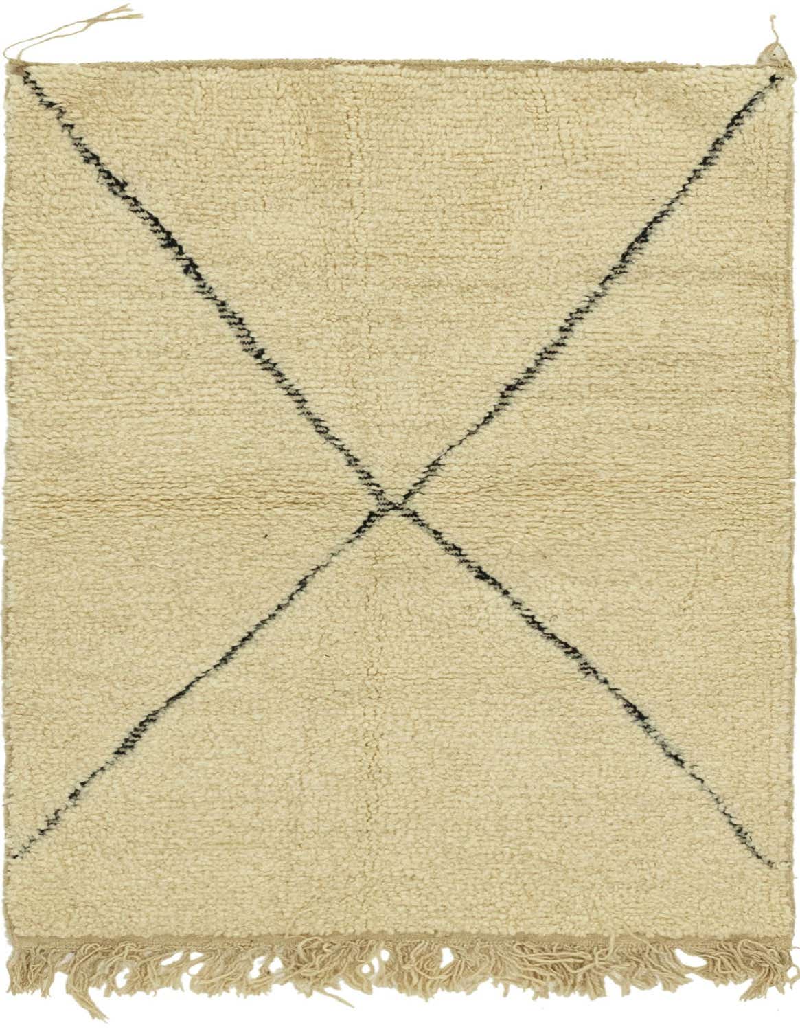 A 3x5 rectangular ivory shag wool rug featuring a bold black X-shaped tribal pattern, with fringe visible at one end.
