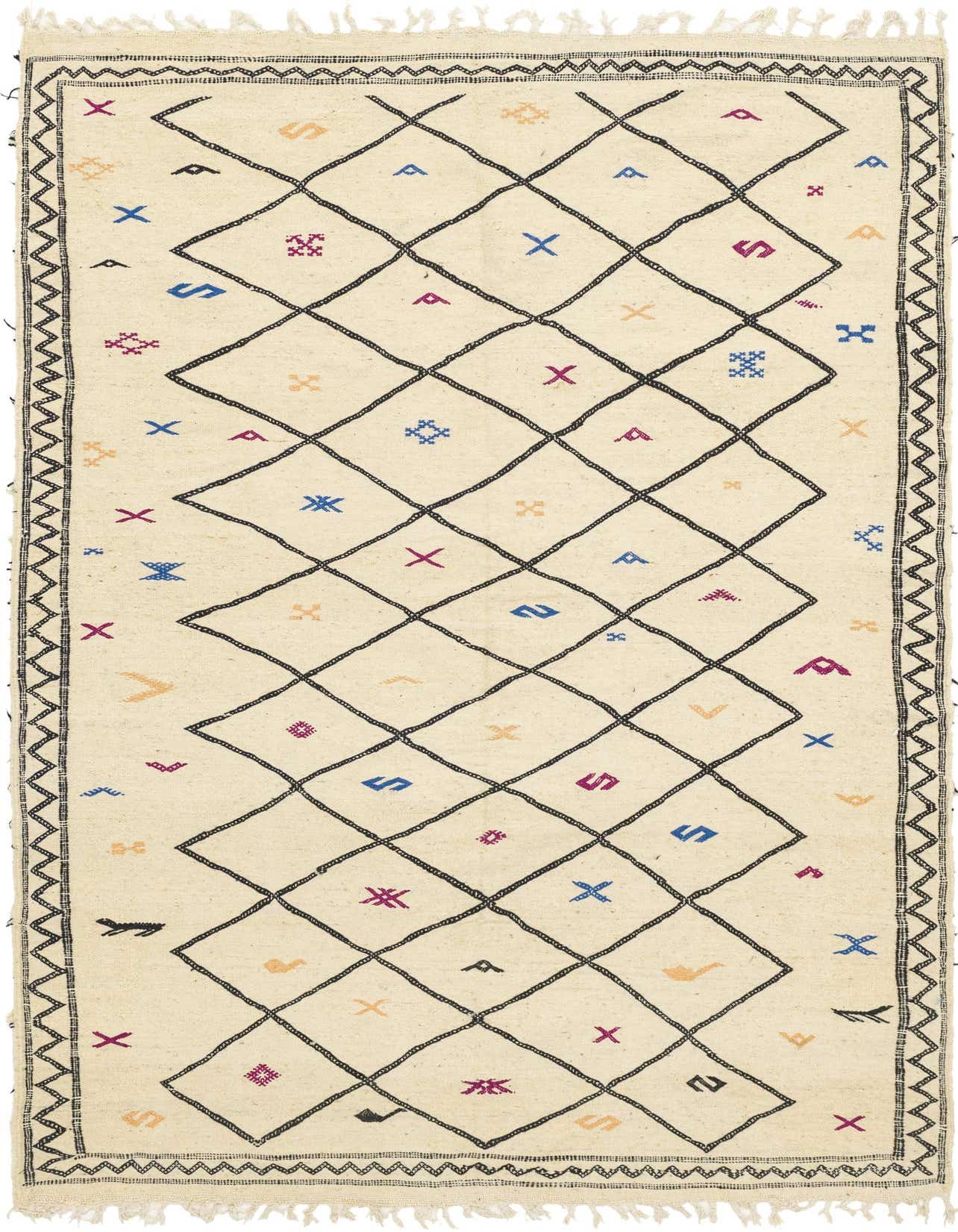 A 6x9 rectangular ivory wool shag rug with a black tribal diamond pattern and colorful abstract symbols, perfect for a living room.