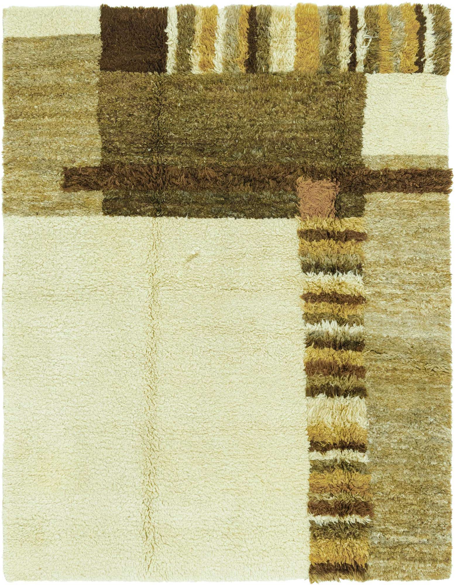 A rectangular 6x9 ivory shag rug with a modern tribal pattern in shades of brown and cream, ideal for a living room.
