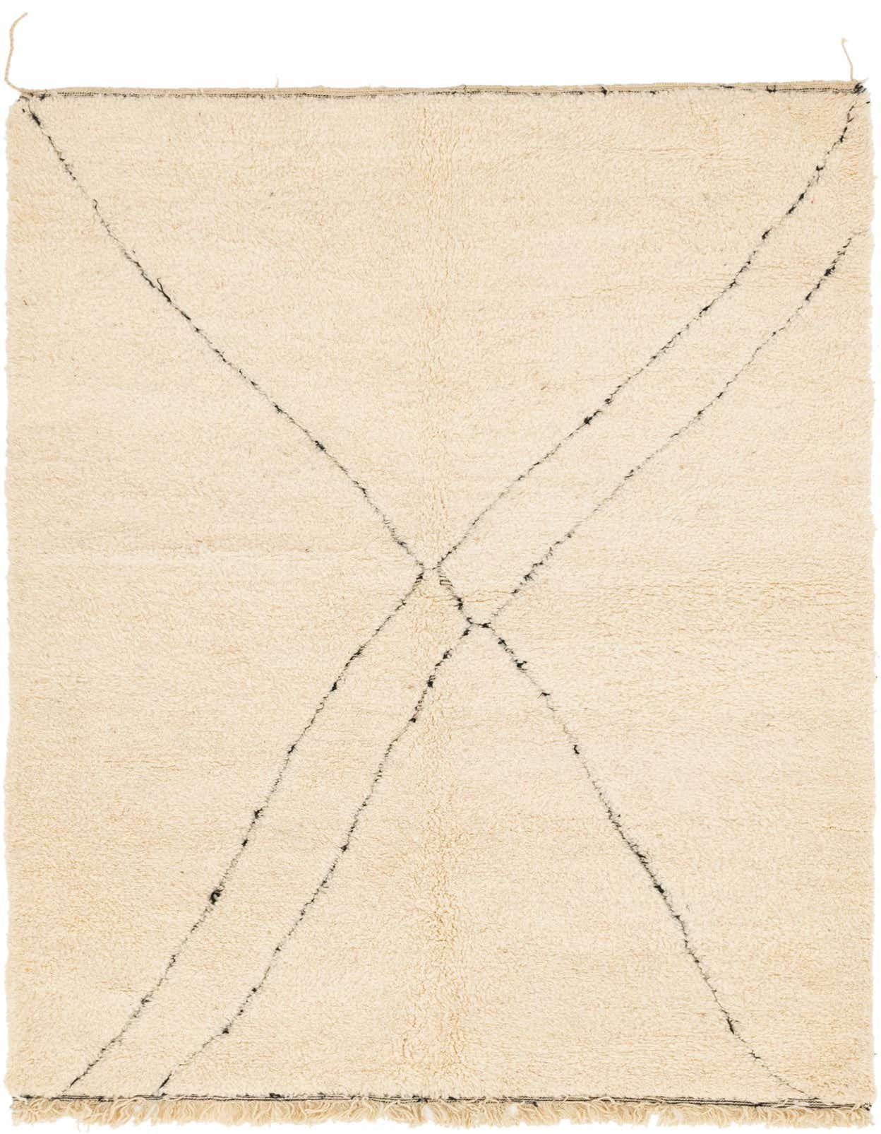 A 5x8 rectangular ivory shag rug with a black abstract X-pattern, perfect for a modern living room.