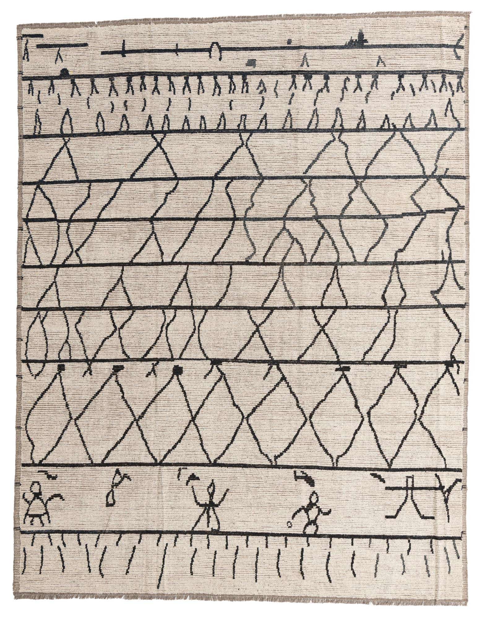 A 9x12 rectangular ivory shag rug with a bold black tribal and abstract pattern, featuring geometric lines and stick figures.