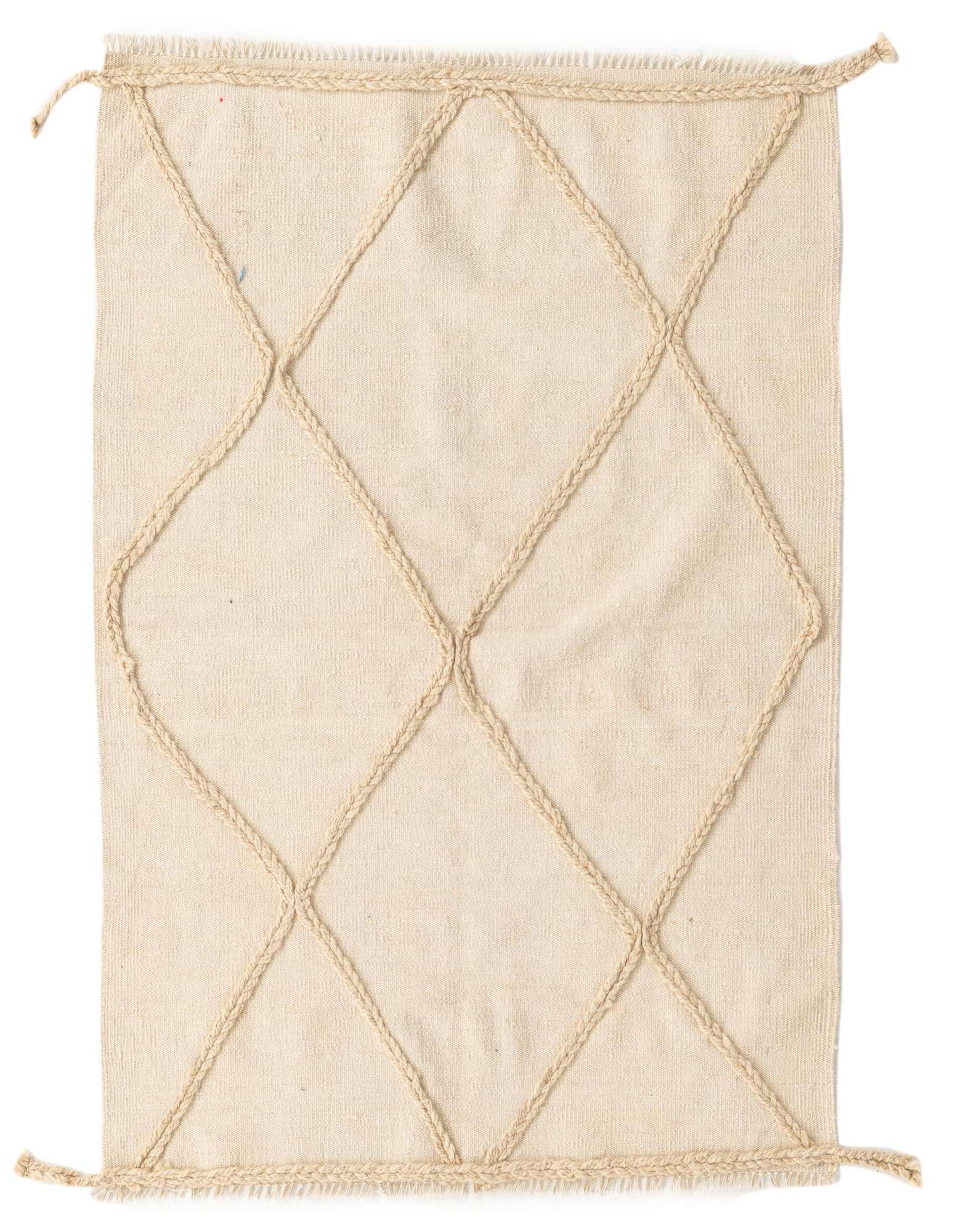 A 3x5 rectangular ivory wool shag rug featuring a raised braided diamond pattern, suitable for various indoor spaces.