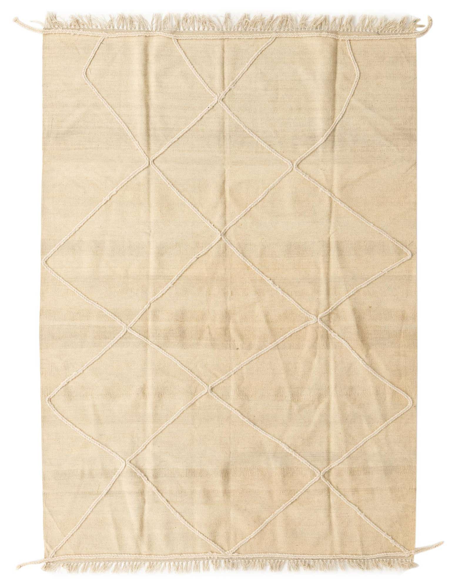 A 5x8 rectangular ivory wool shag rug featuring a tribal diamond pattern and fringe, suitable for a living room.