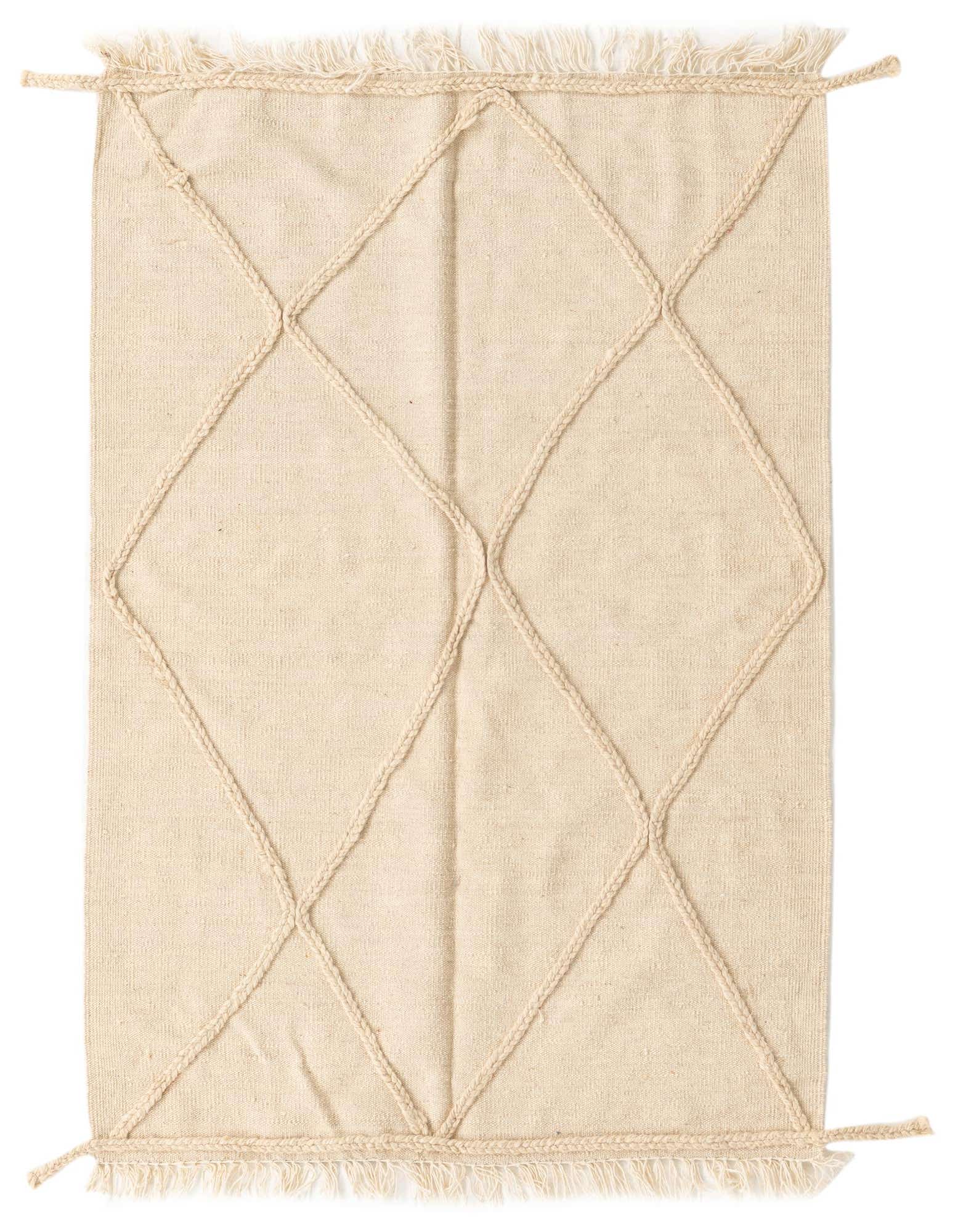 A 3x5 rectangular ivory wool shag rug with a braided diamond pattern and fringe ends, perfect for a cozy living space.