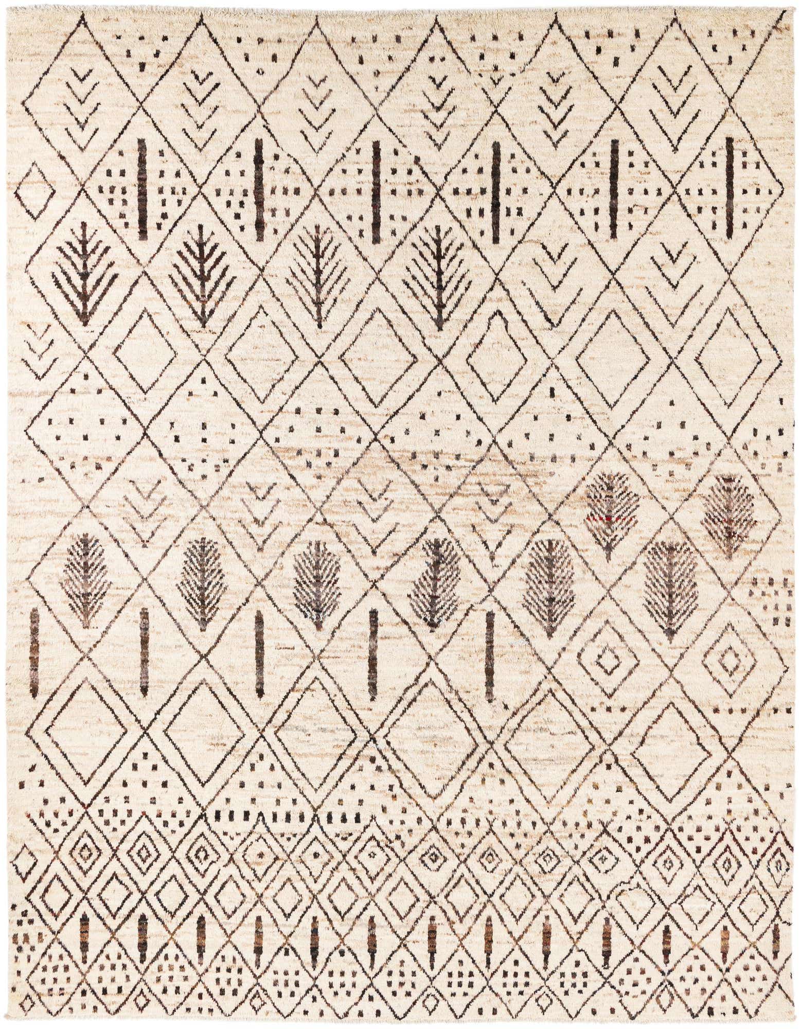 An 8x10 rectangular ivory shag rug with a modern tribal pattern featuring brown geometric diamonds and abstract tree-like motifs.
