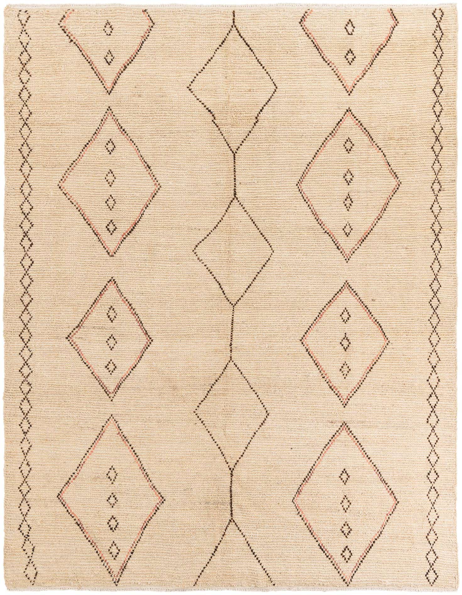 An 8x10 rectangular ivory wool shag rug with a tribal geometric pattern of brown and pink diamonds.