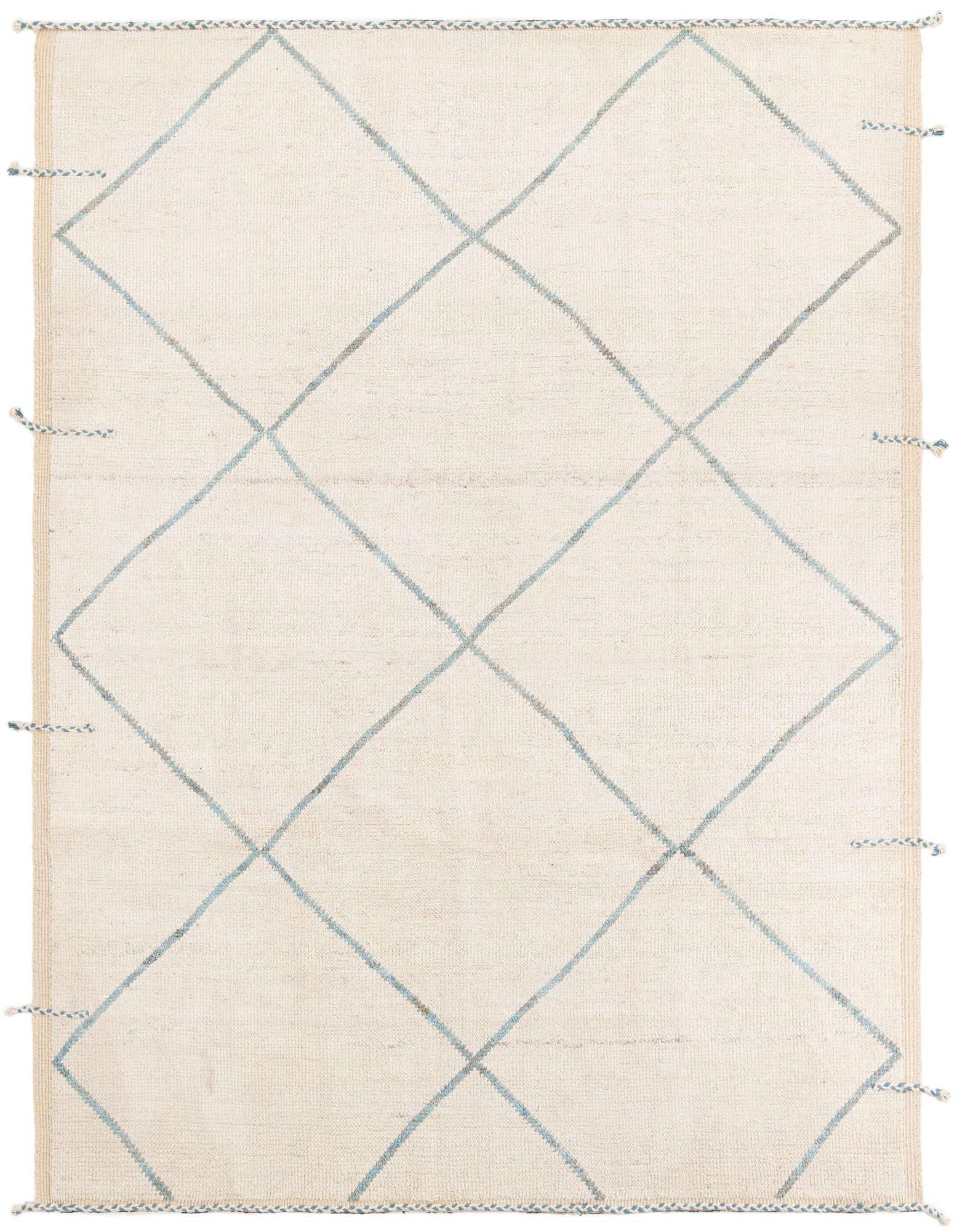 An 8x10 rectangular ivory shag rug with a light blue tribal diamond pattern and braided edges, suitable for a living room.