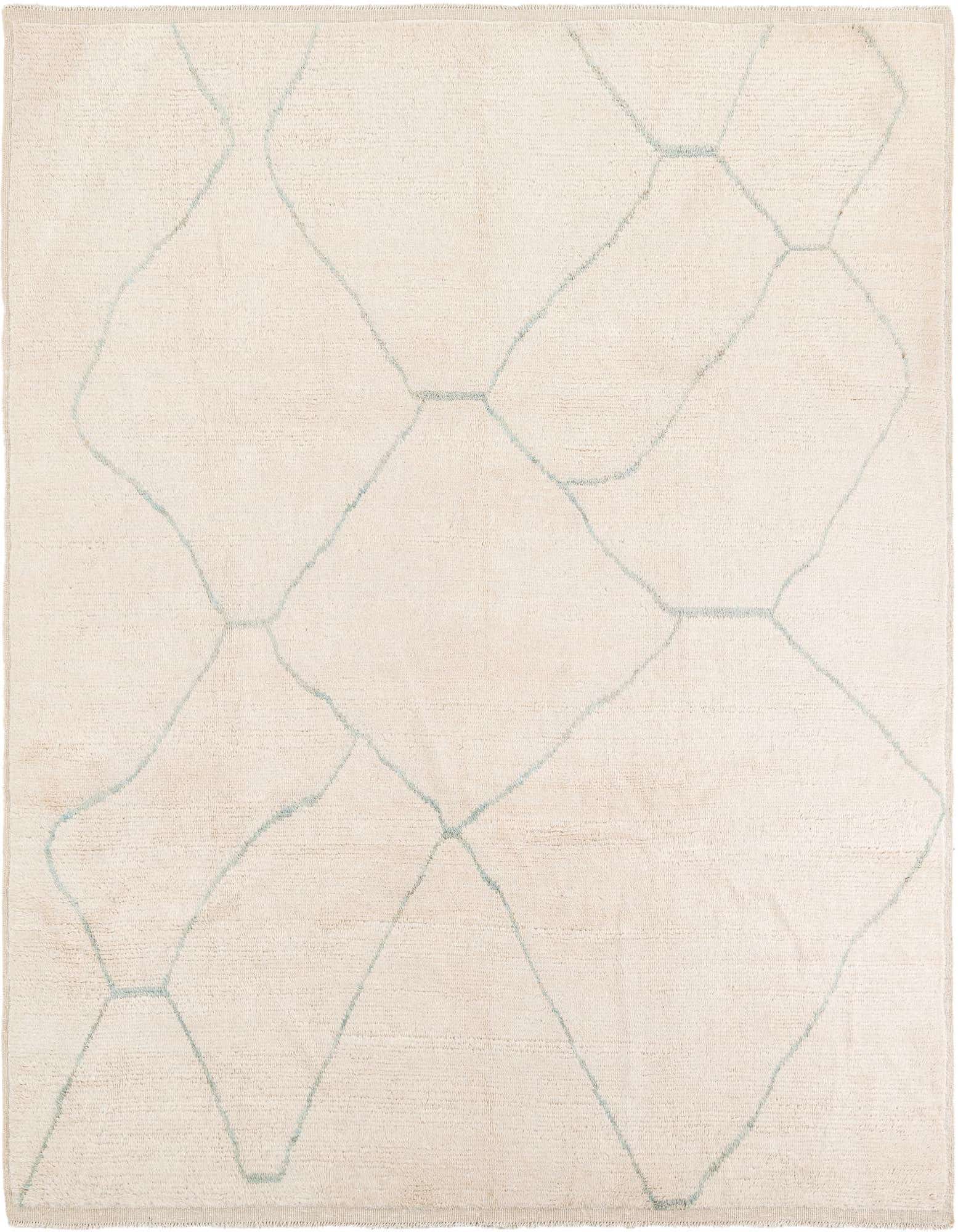 An 8x10 rectangular ivory shag rug with a light blue tribal geometric pattern, suitable for a living room.