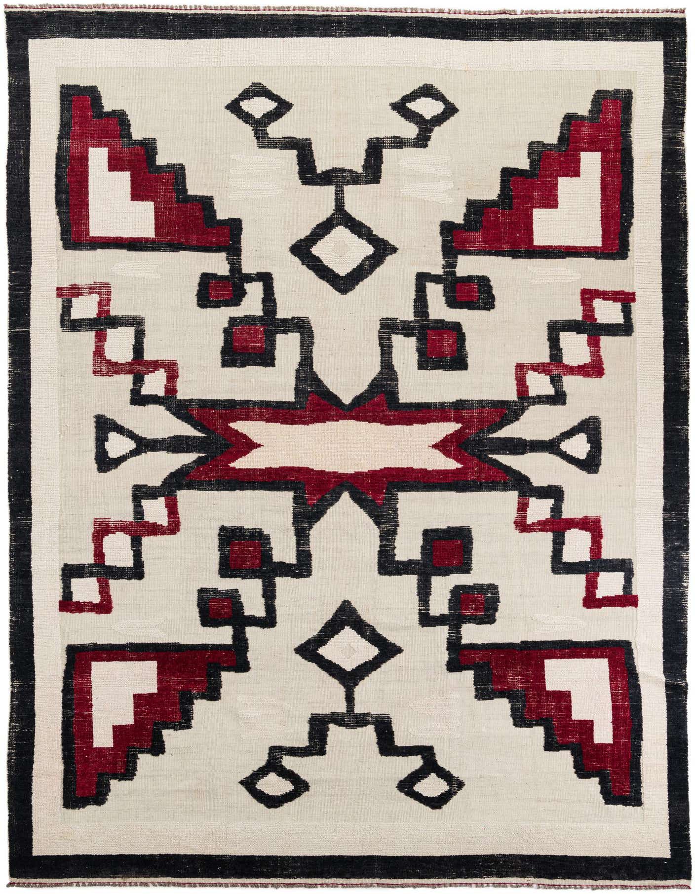 A 9x12 rectangular ivory tribal rug with a bold black and red geometric pattern, handmade from wool.