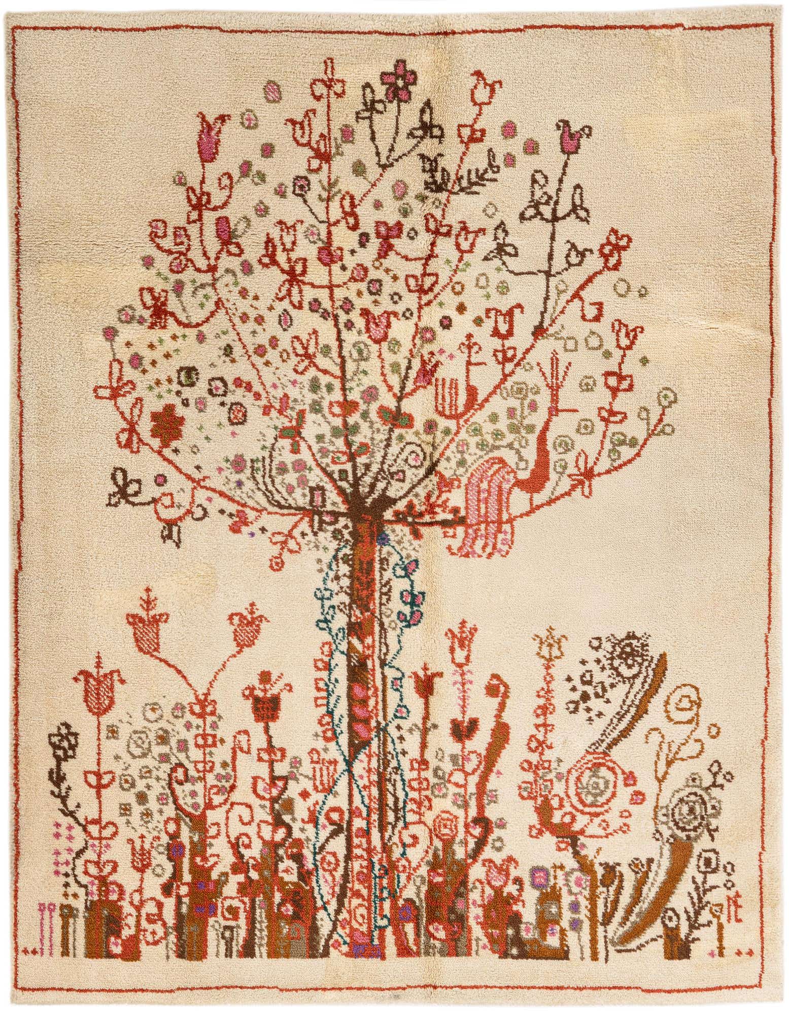 A 5x7 rectangular ivory shag rug featuring a vibrant, stylized tree of life design with colorful floral and bird motifs.