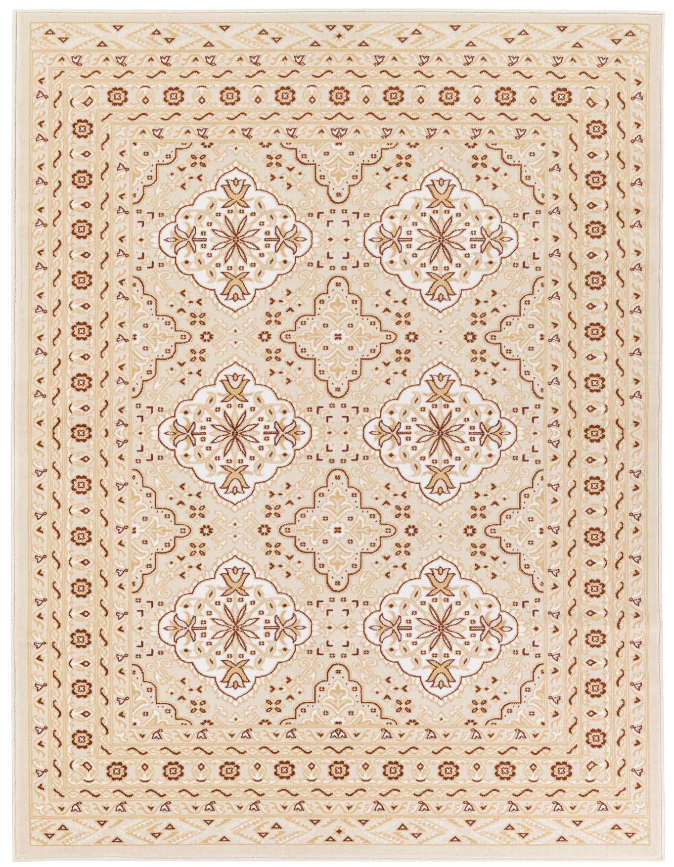 A 5x8 rectangular ivory area rug with a detailed floral and botanical pattern in cream and brown tones.