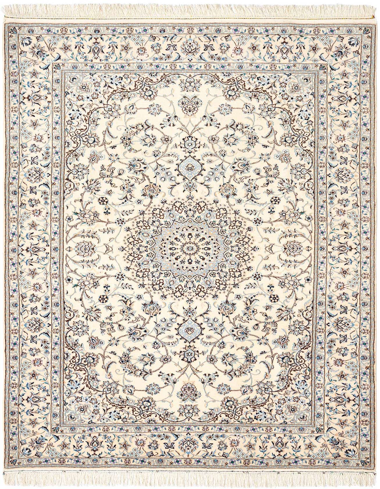 A 5x8 rectangular ivory Persian rug with a central medallion and intricate floral patterns in blue and brown, featuring thin pile and fringe.