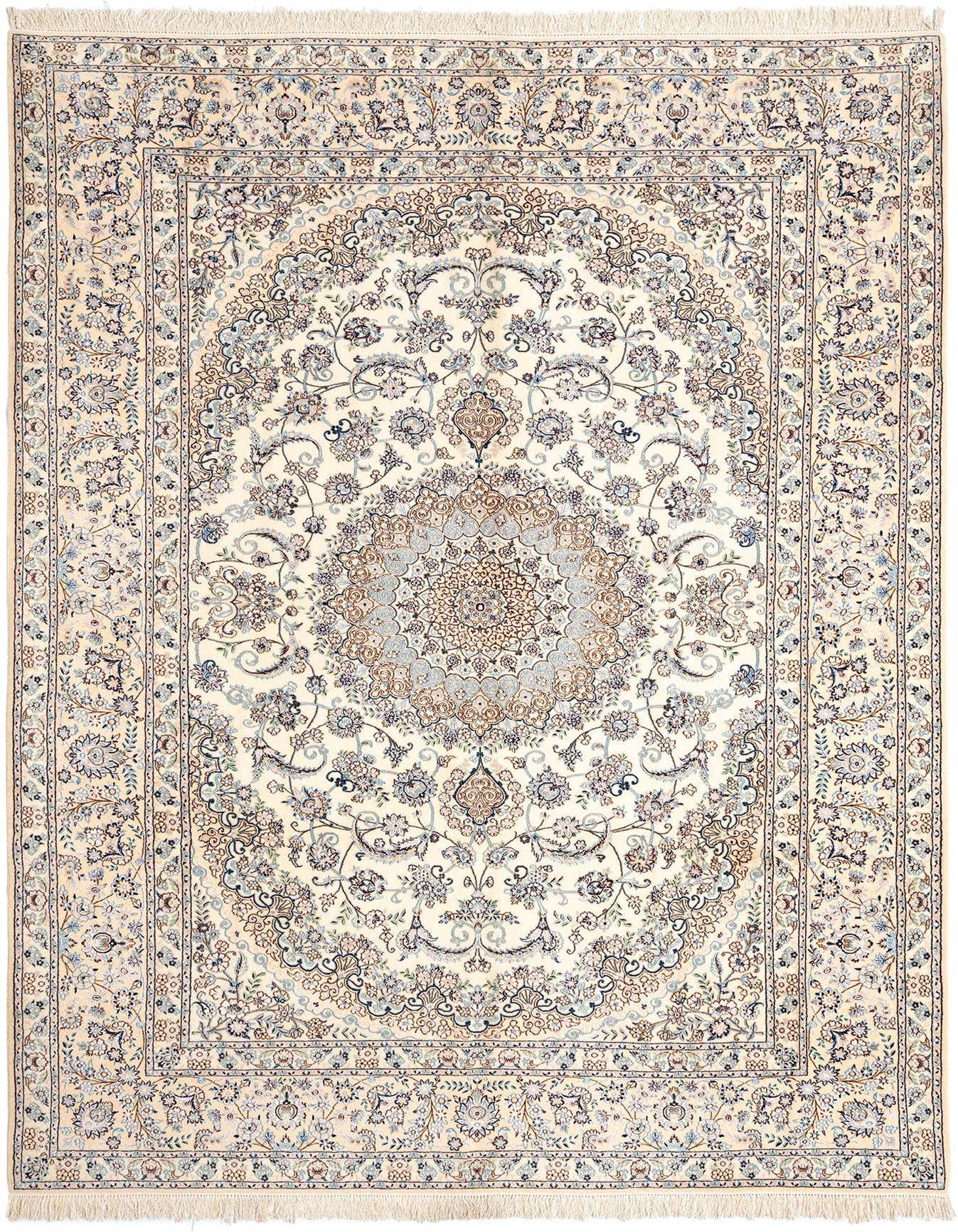 A 6x9 rectangular ivory Persian rug with intricate floral patterns in blues and browns, featuring a central medallion.